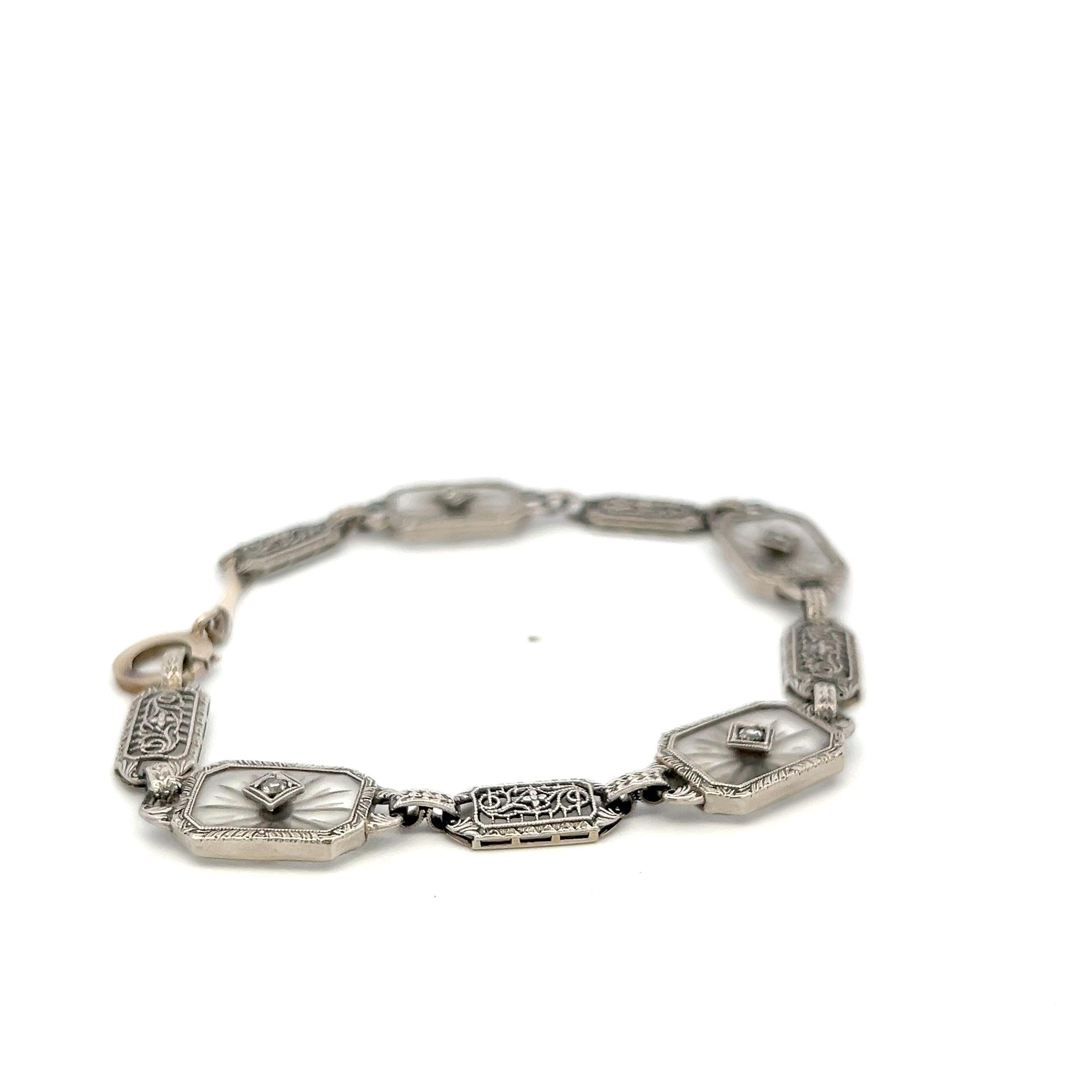 14K WG Filigree Bracelet with 0.12ct Old European I SI Diamond & 0.2ct Sapphire