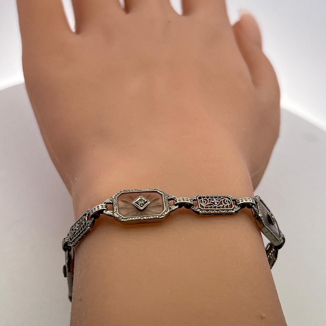 14K WG Filigree Bracelet with 0.12ct Old European I SI Diamond & 0.2ct Sapphire
