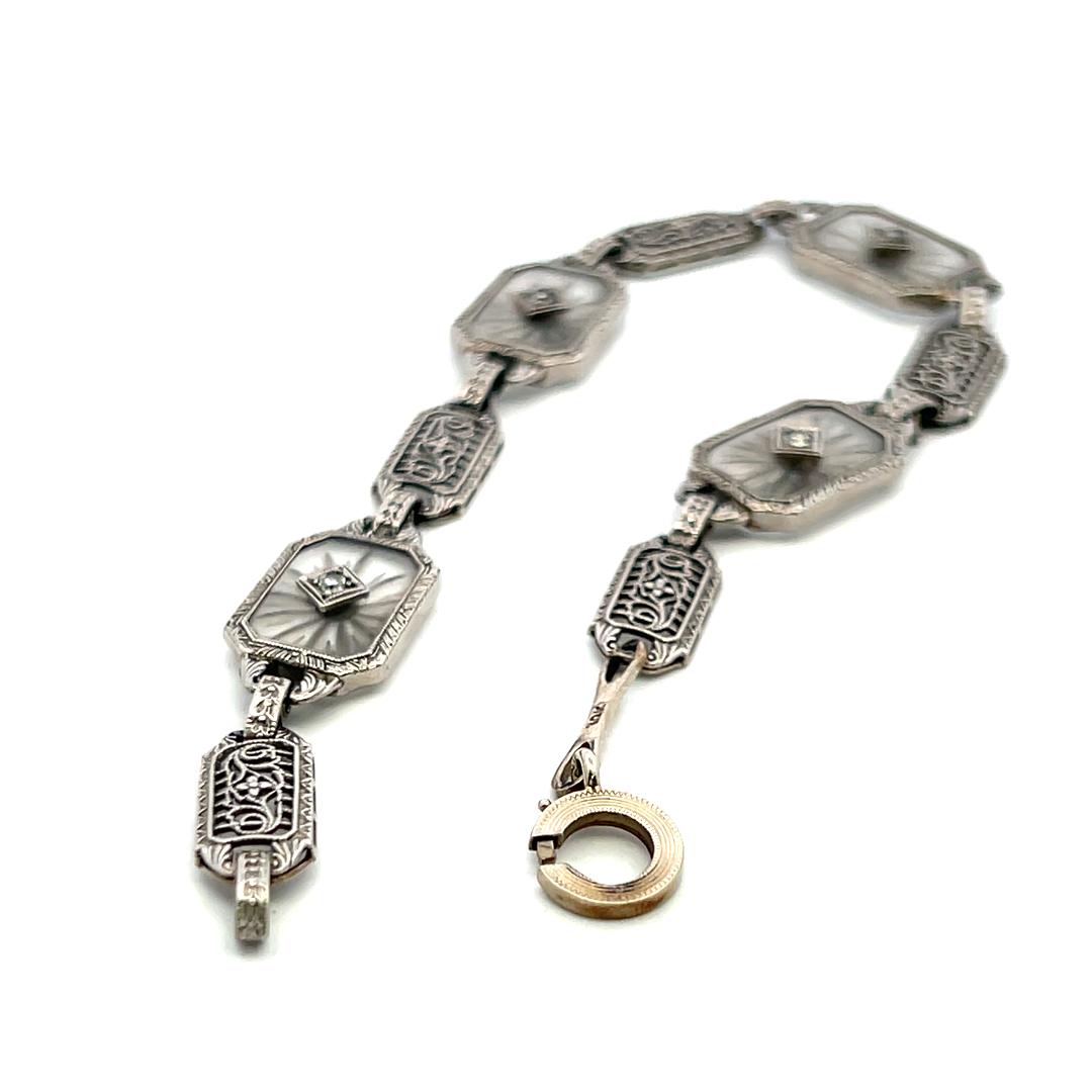 14K WG Filigree Bracelet with 0.12ct Old European I SI Diamond & 0.2ct Sapphire