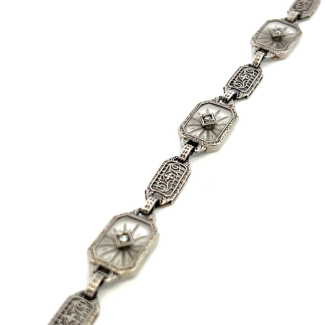 14K WG Filigree Bracelet with 0.12ct Old European I SI Diamond & 0.2ct Sapphire