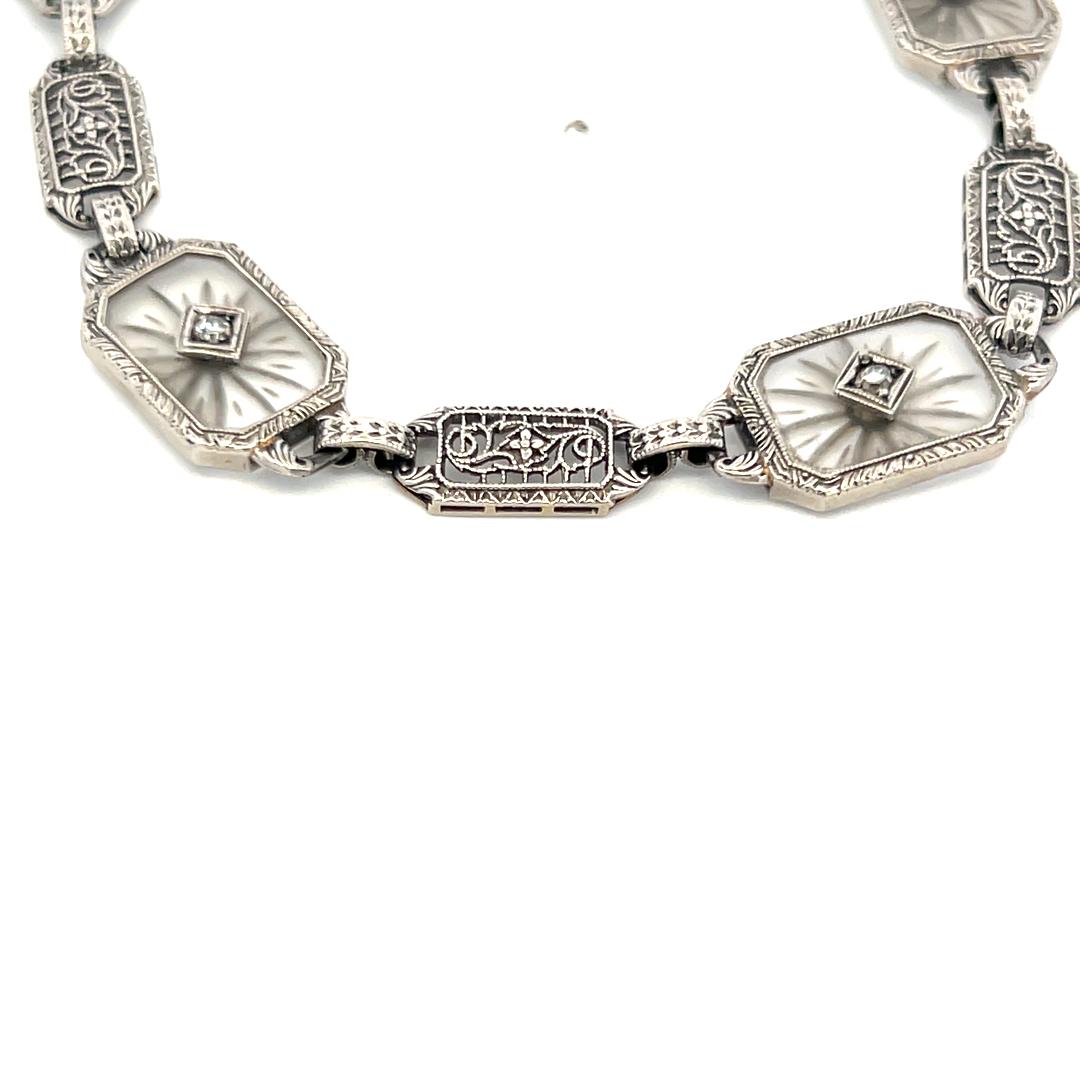 14K WG Filigree Bracelet with 0.12ct Old European I SI Diamond & 0.2ct Sapphire