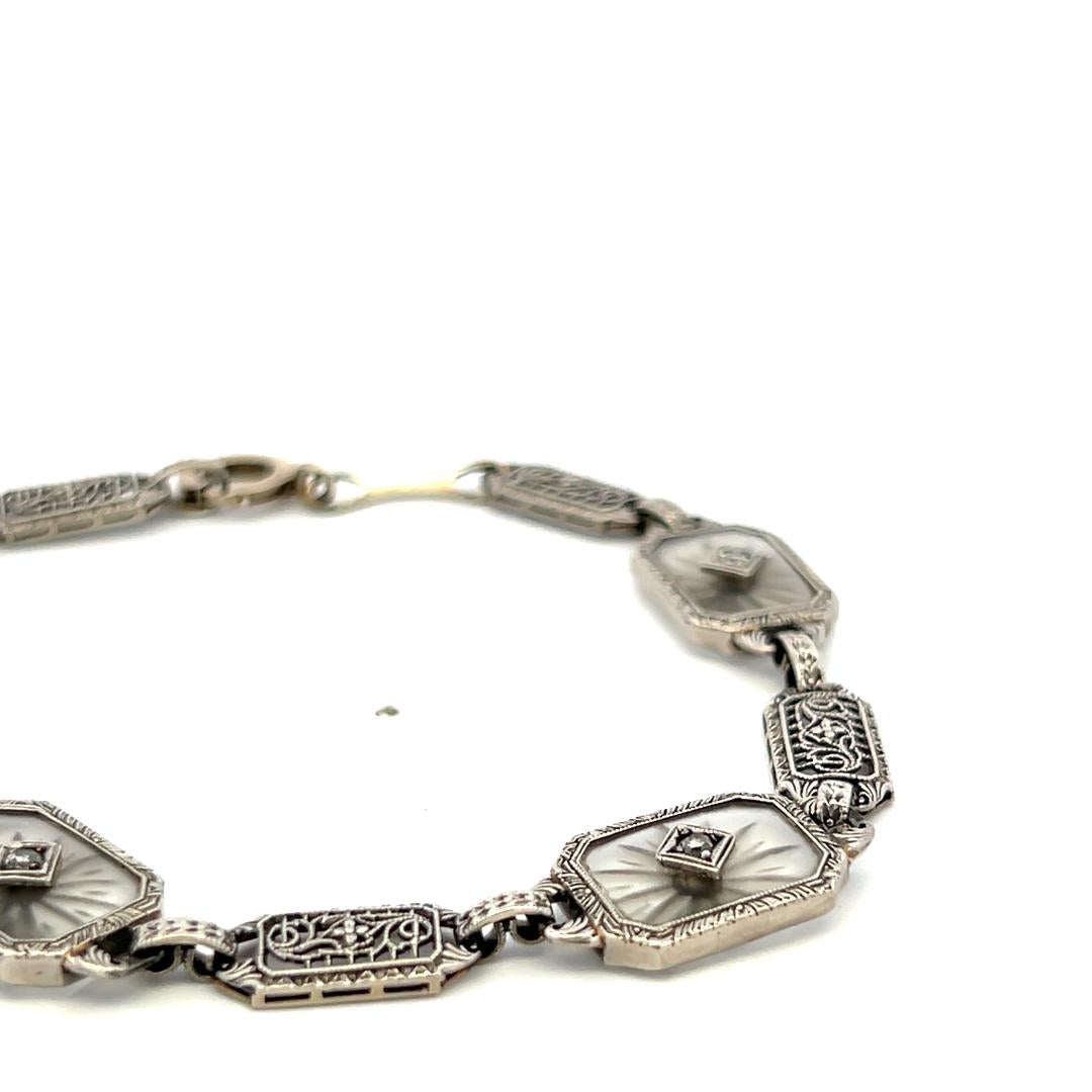 14K WG Filigree Bracelet with 0.12ct Old European I SI Diamond & 0.2ct Sapphire