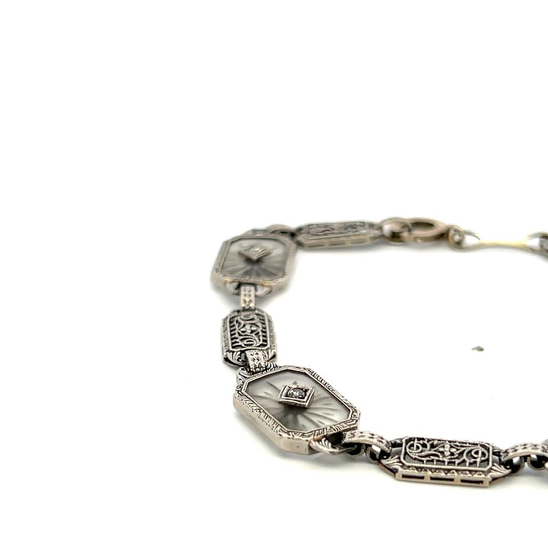 14K WG Filigree Bracelet with 0.12ct Old European I SI Diamond & 0.2ct Sapphire