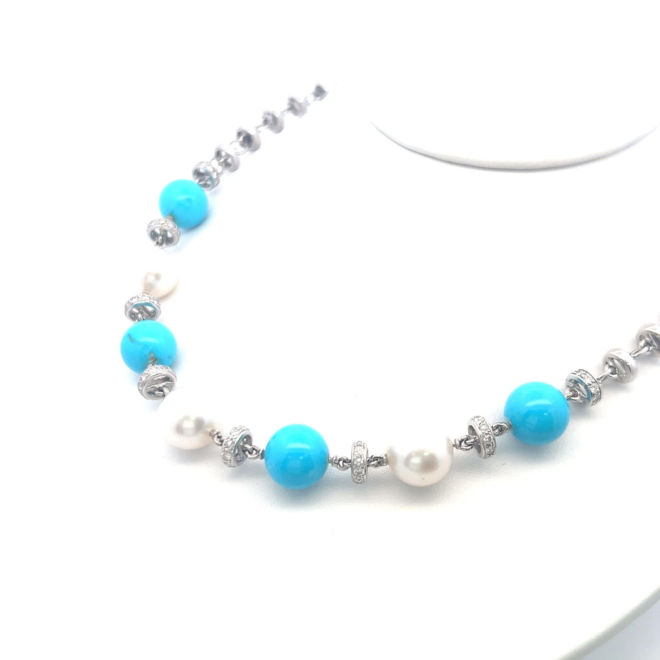 Vintage 18K White Gold Link Necklace with Turquoise, Pearl & 1.5 Carat Diamond