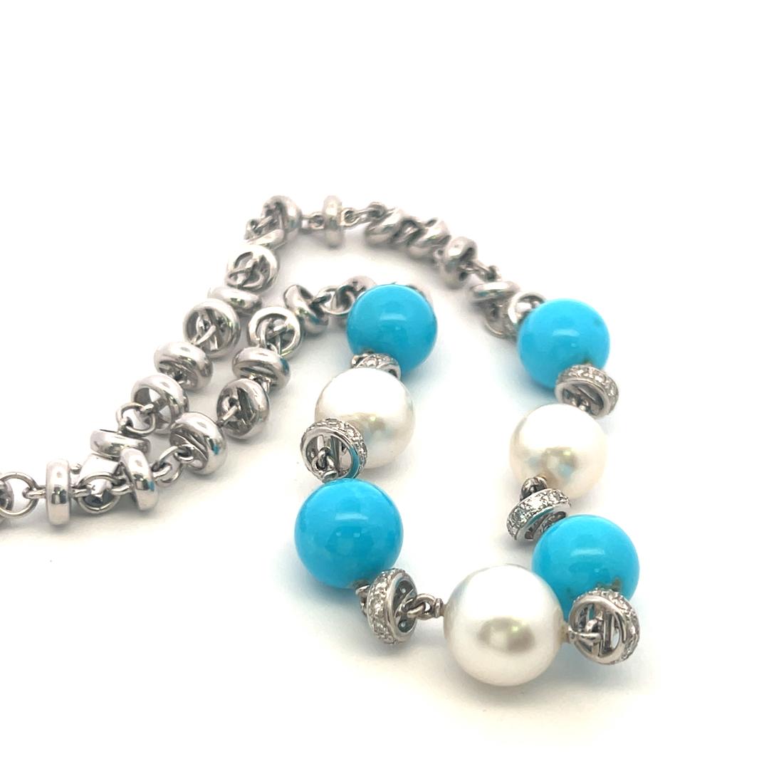 Vintage 18K White Gold Link Necklace with Turquoise, Pearl & 1.5 Carat Diamond