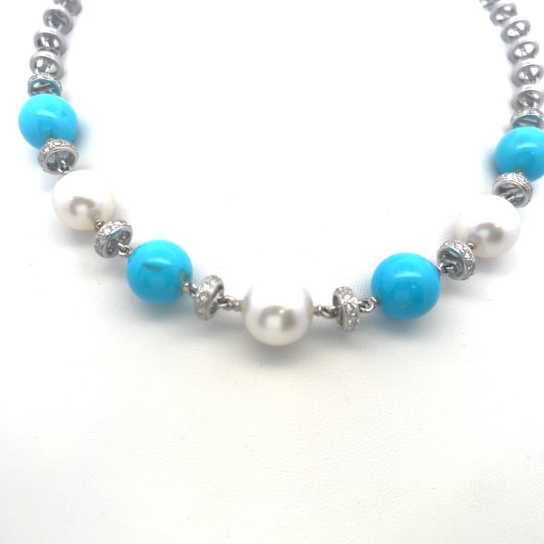 Vintage 18K White Gold Link Necklace with Turquoise, Pearl & 1.5 Carat Diamond