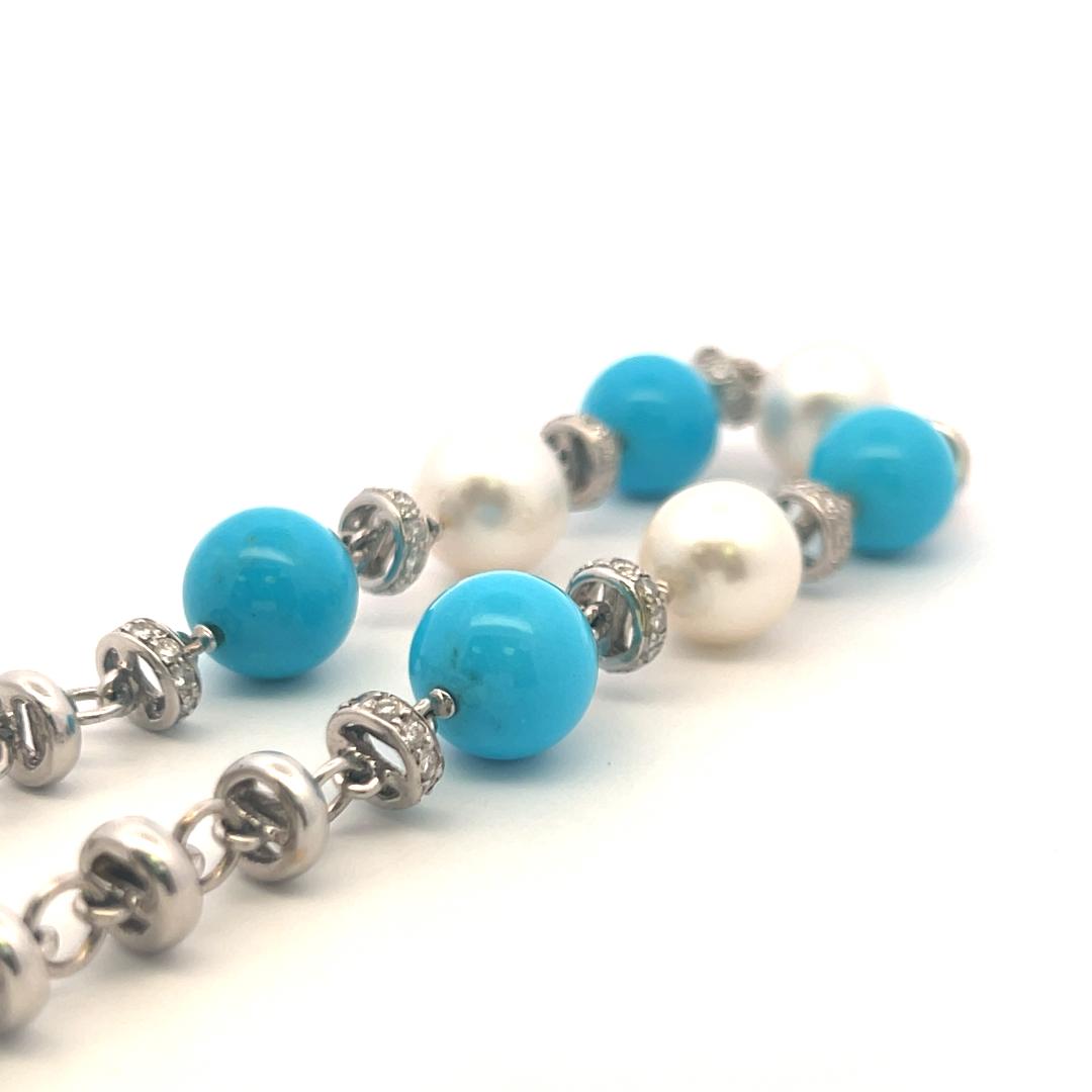 Vintage 18K White Gold Link Necklace with Turquoise, Pearl & 1.5 Carat Diamond