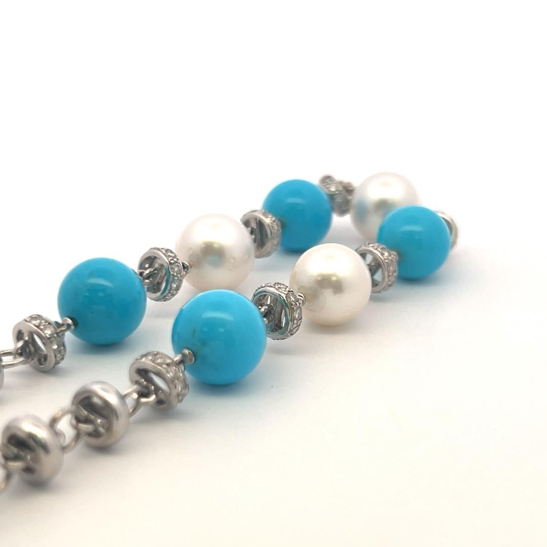 Vintage 18K White Gold Link Necklace with Turquoise, Pearl & 1.5 Carat Diamond