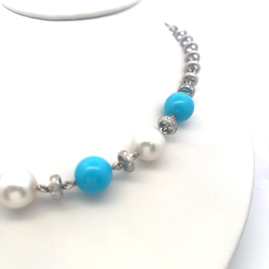 Vintage 18K White Gold Link Necklace with Turquoise, Pearl & 1.5 Carat Diamond