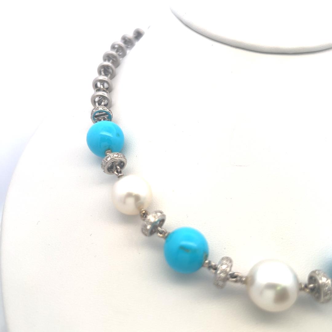 Vintage 18K White Gold Link Necklace with Turquoise, Pearl & 1.5 Carat Diamond