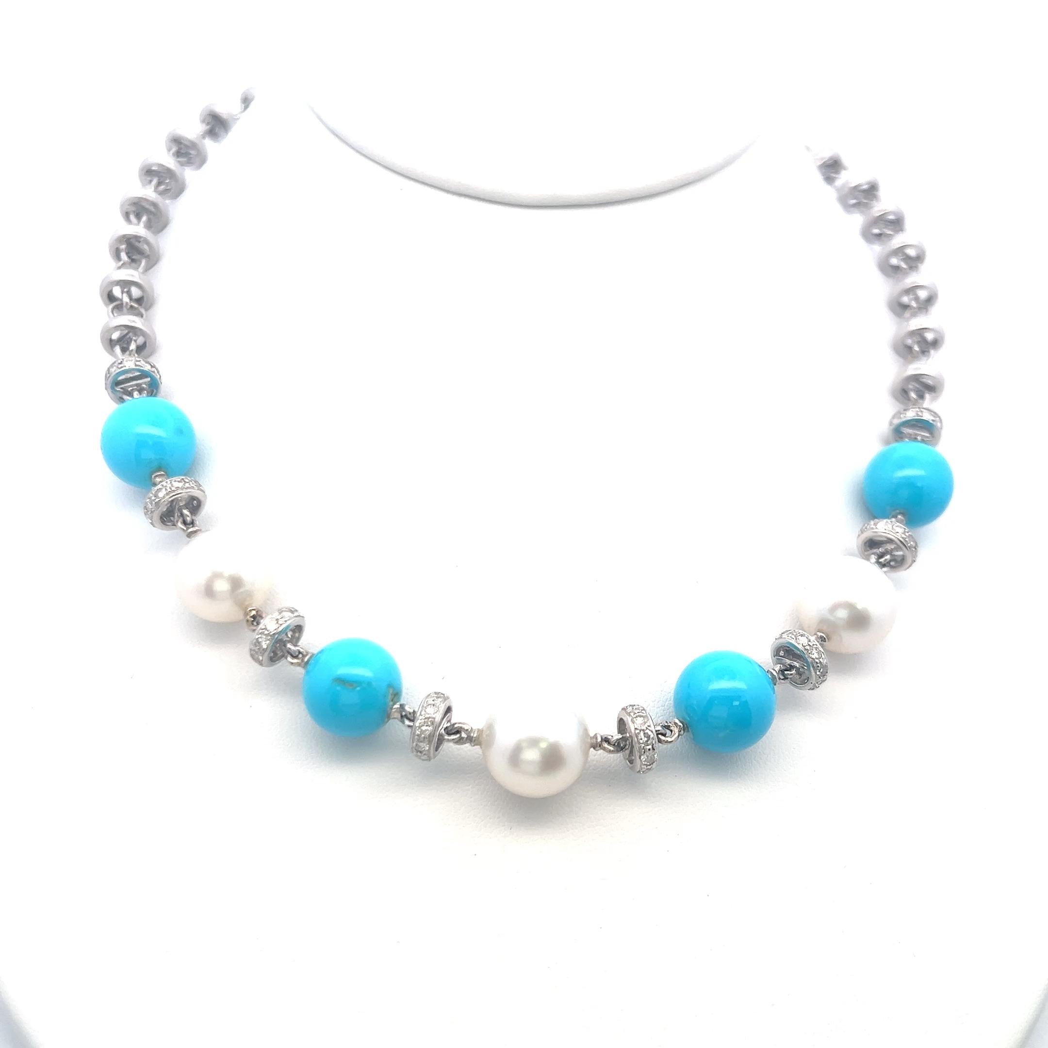 Vintage 18K White Gold Link Necklace with Turquoise, Pearl & 1.5 Carat Diamond