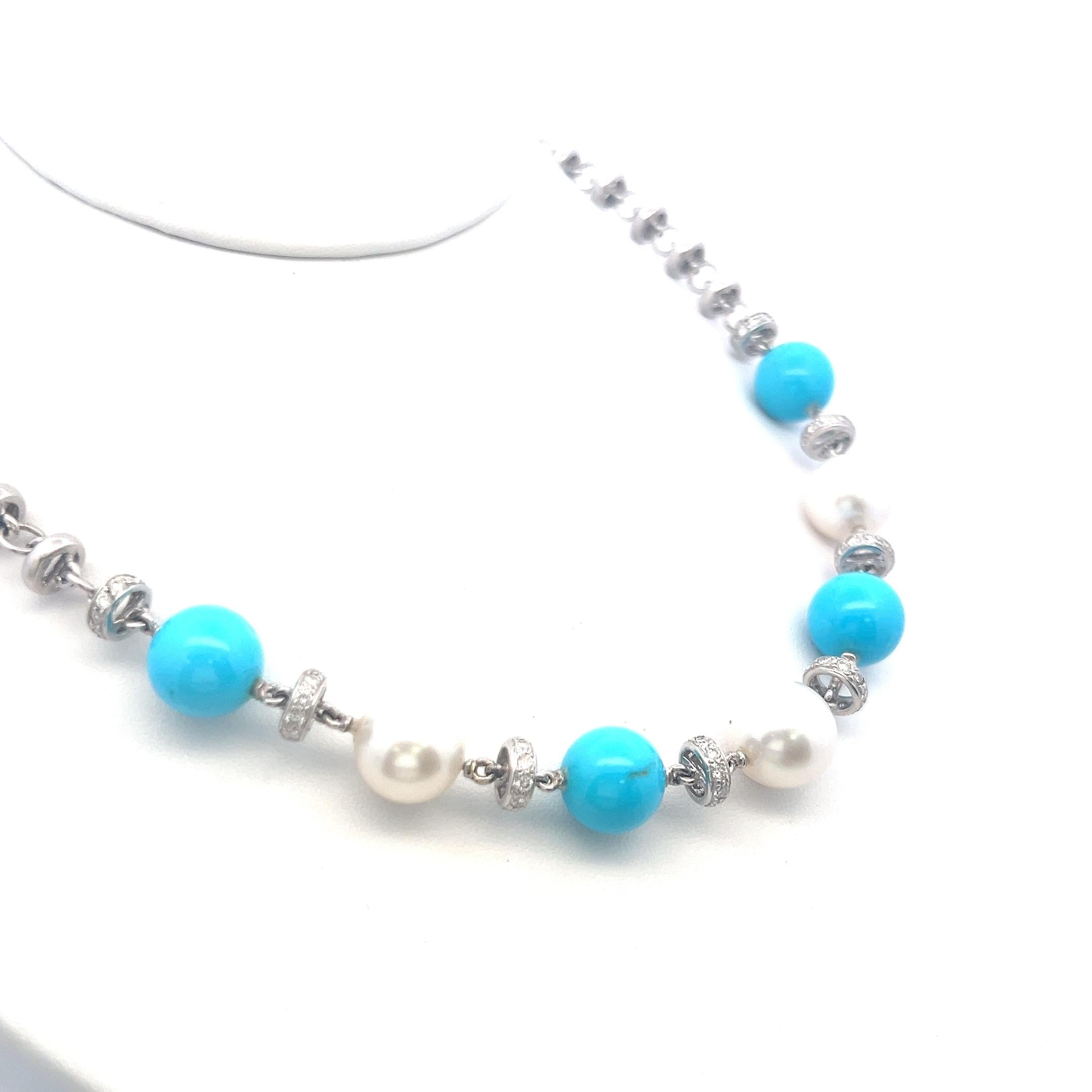 Vintage 18K White Gold Link Necklace with Turquoise, Pearl & 1.5 Carat Diamond
