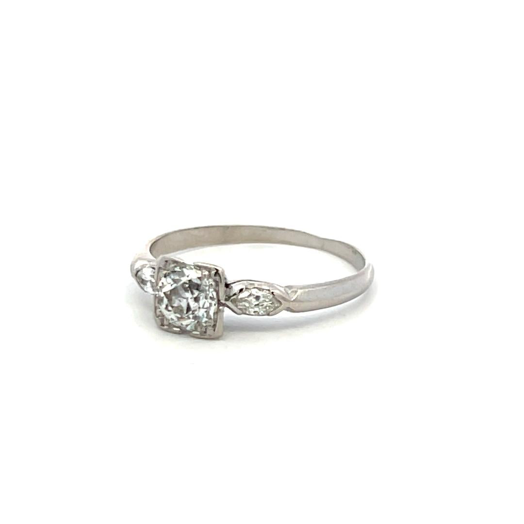 Platinum Art Deco Ring with 0.7 Carat Old European Cut & Marquis Shape Diamonds