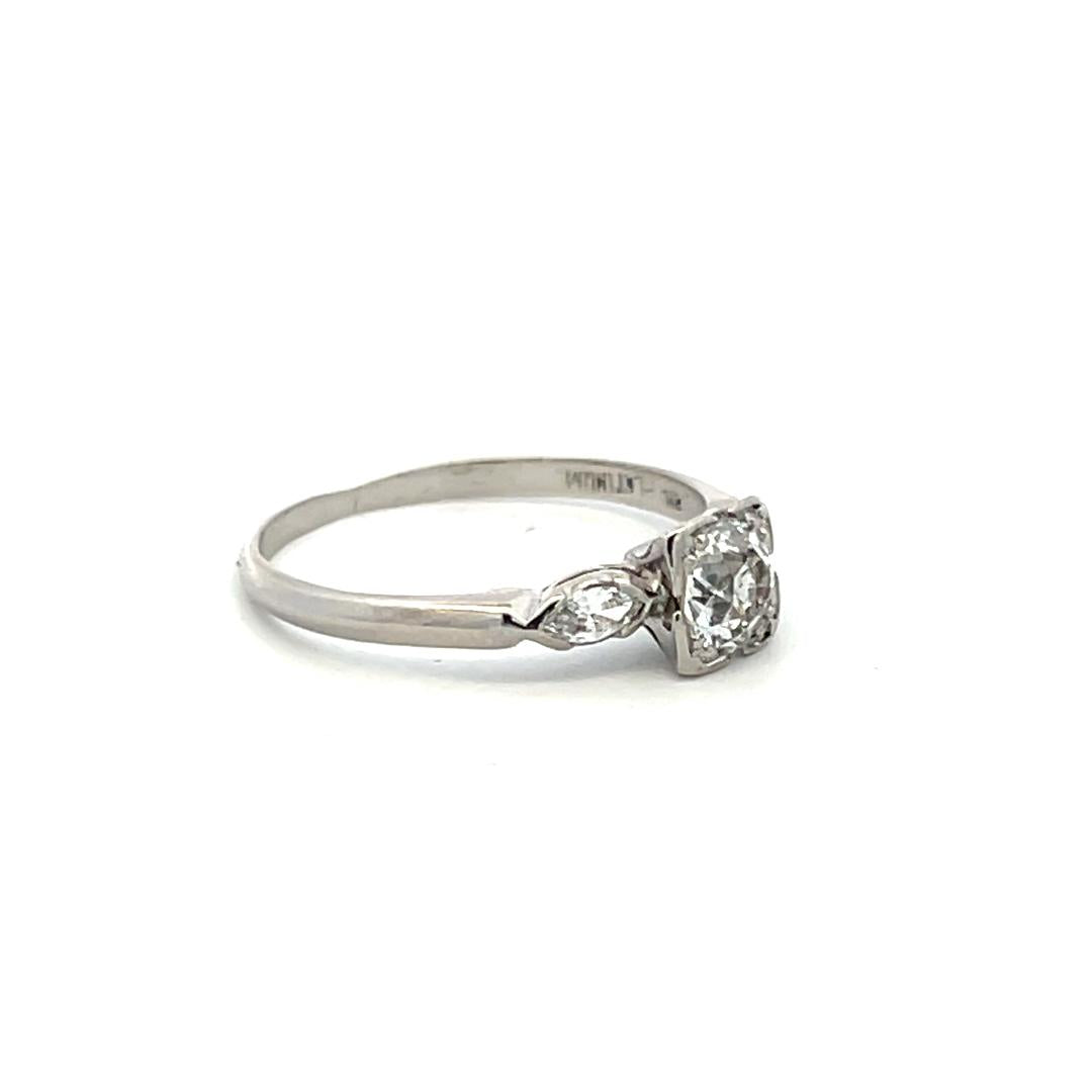 Platinum Art Deco Ring with 0.7 Carat Old European Cut & Marquis Shape Diamonds