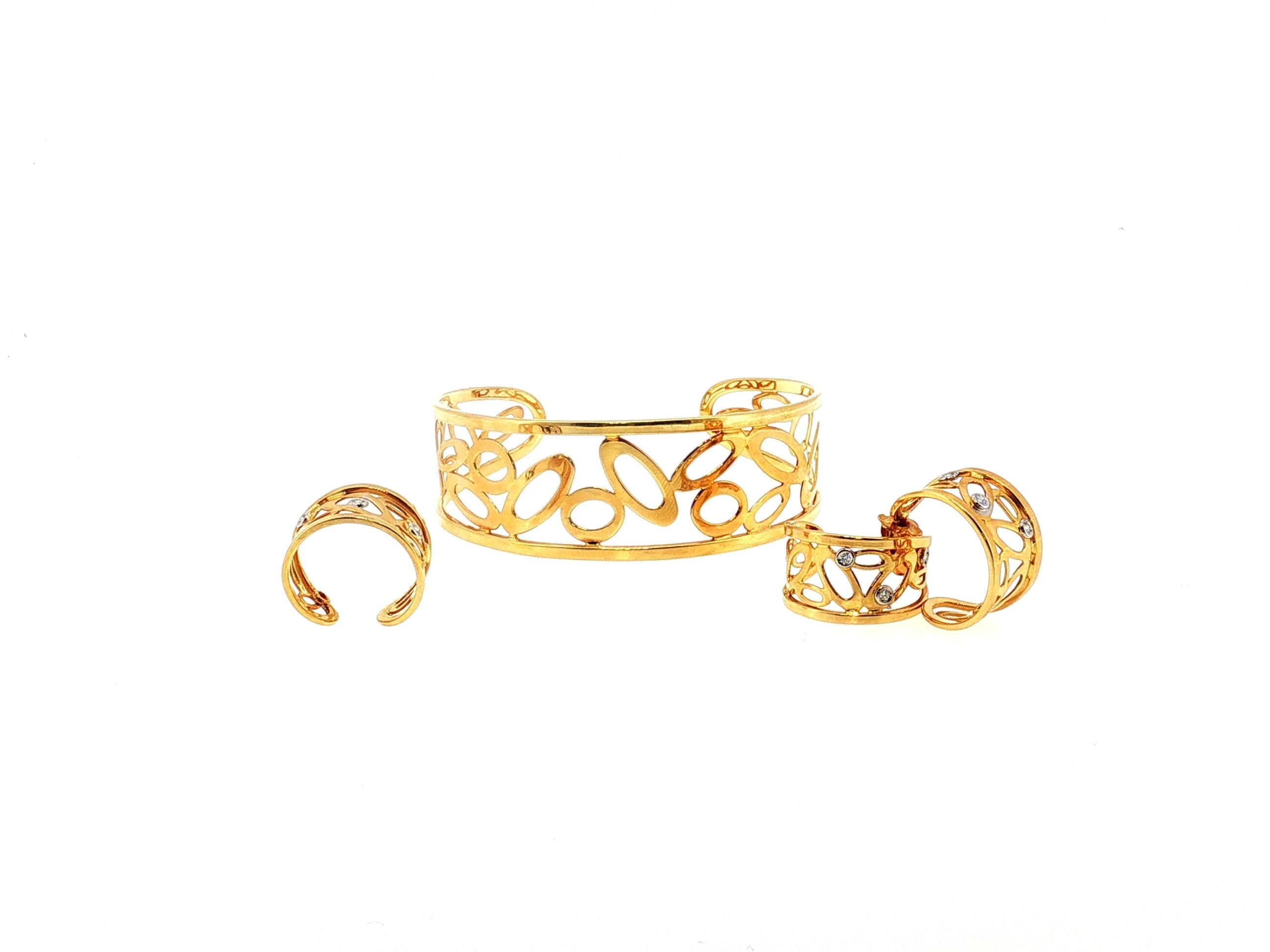 Roberto Coin 18K YG Cuff Bracelet Earrings & Ring Set 0.18ct Diamonds 0.08 Ruby