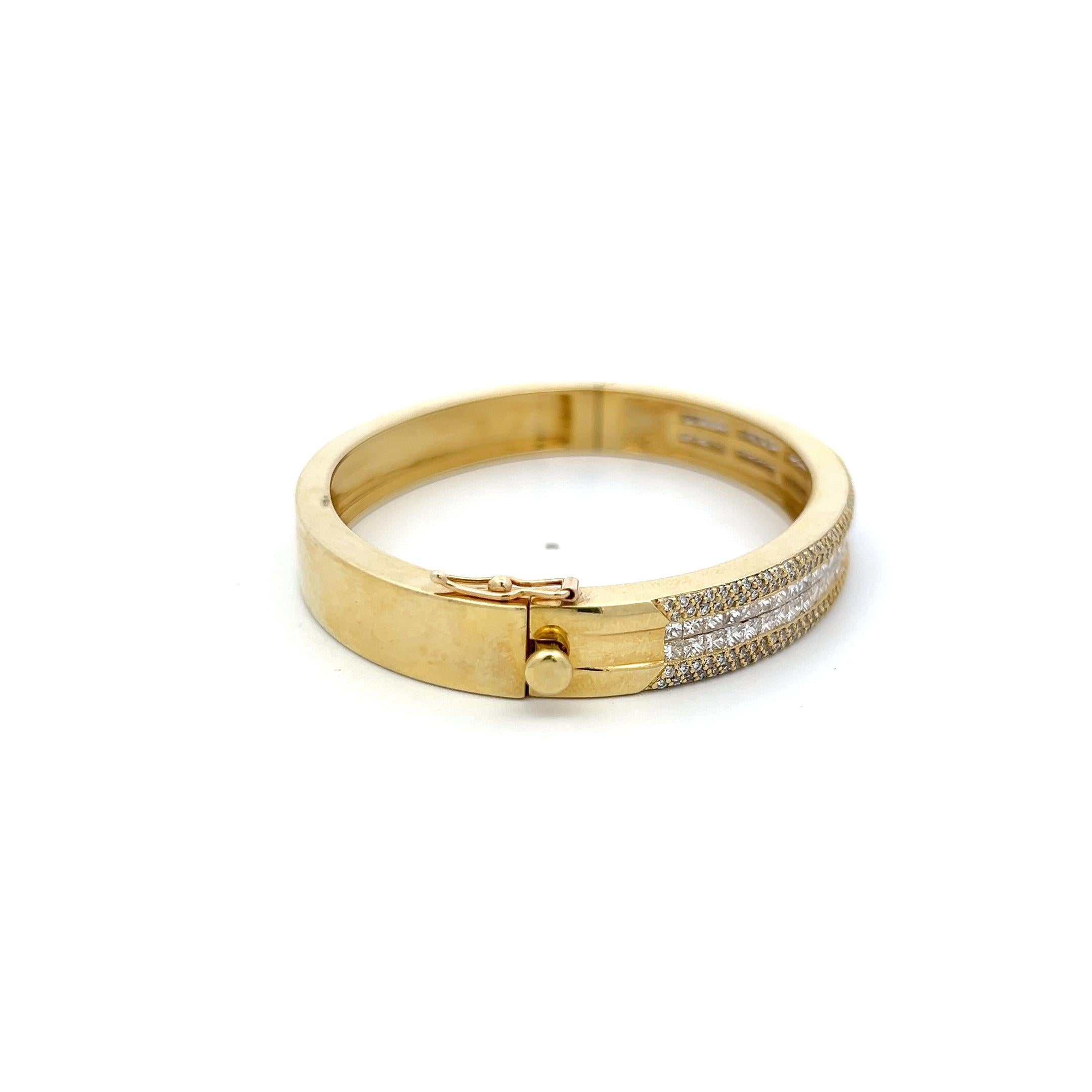 18K YG Bangle Bracelet with 4.98 Carat Round & Princess Cut Diamonds