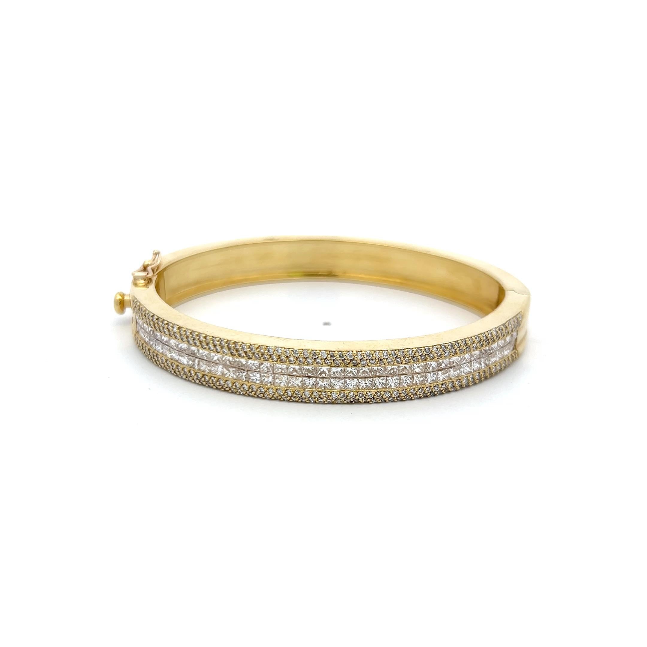 18K YG Bangle Bracelet with 4.98 Carat Round & Princess Cut Diamonds