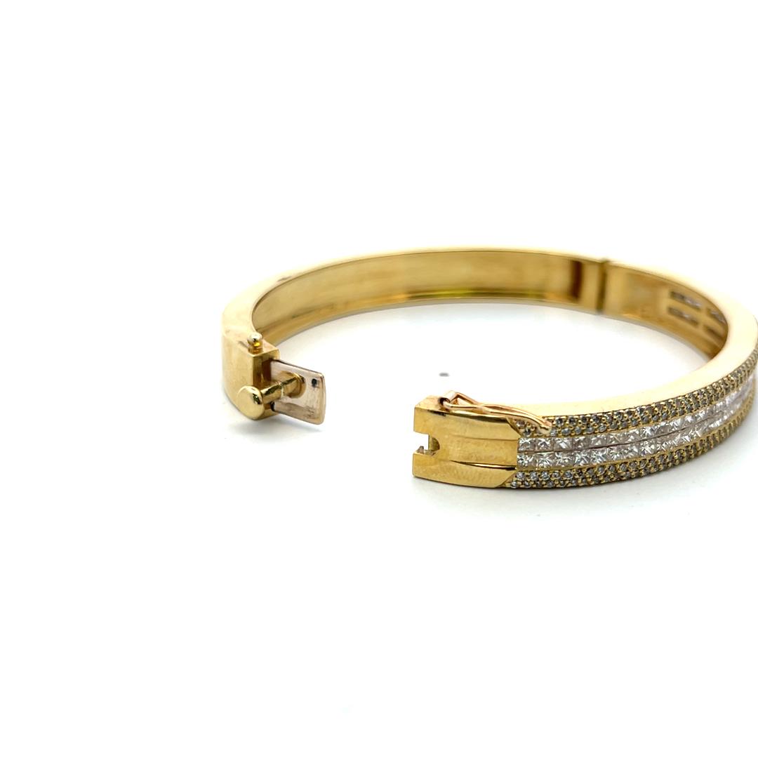 18K YG Bangle Bracelet with 4.98 Carat Round & Princess Cut Diamonds