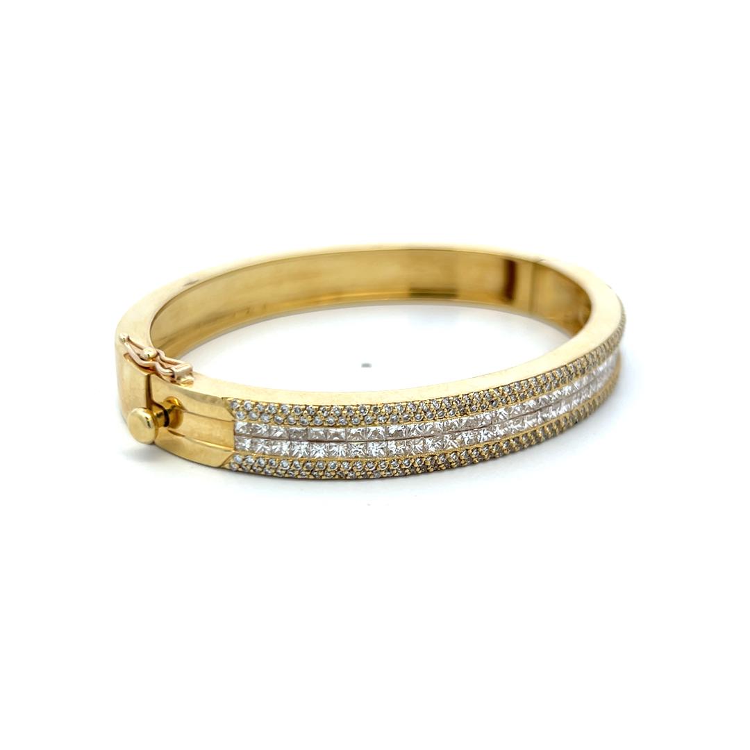 18K YG Bangle Bracelet with 4.98 Carat Round & Princess Cut Diamonds
