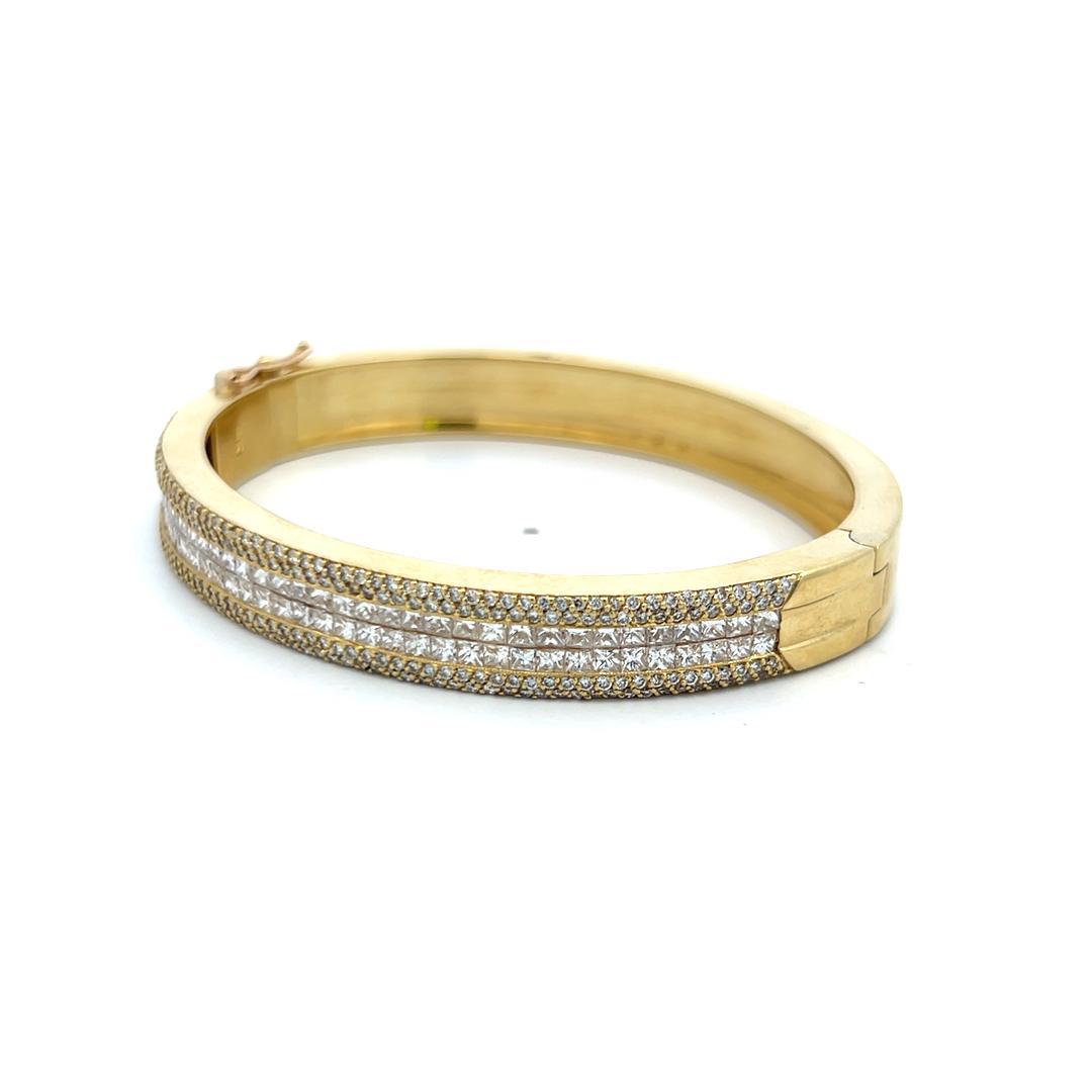 18K YG Bangle Bracelet with 4.98 Carat Round & Princess Cut Diamonds