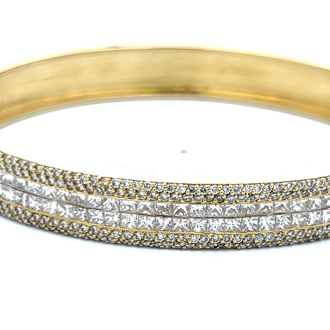 18K YG Bangle Bracelet with 4.98 Carat Round & Princess Cut Diamonds