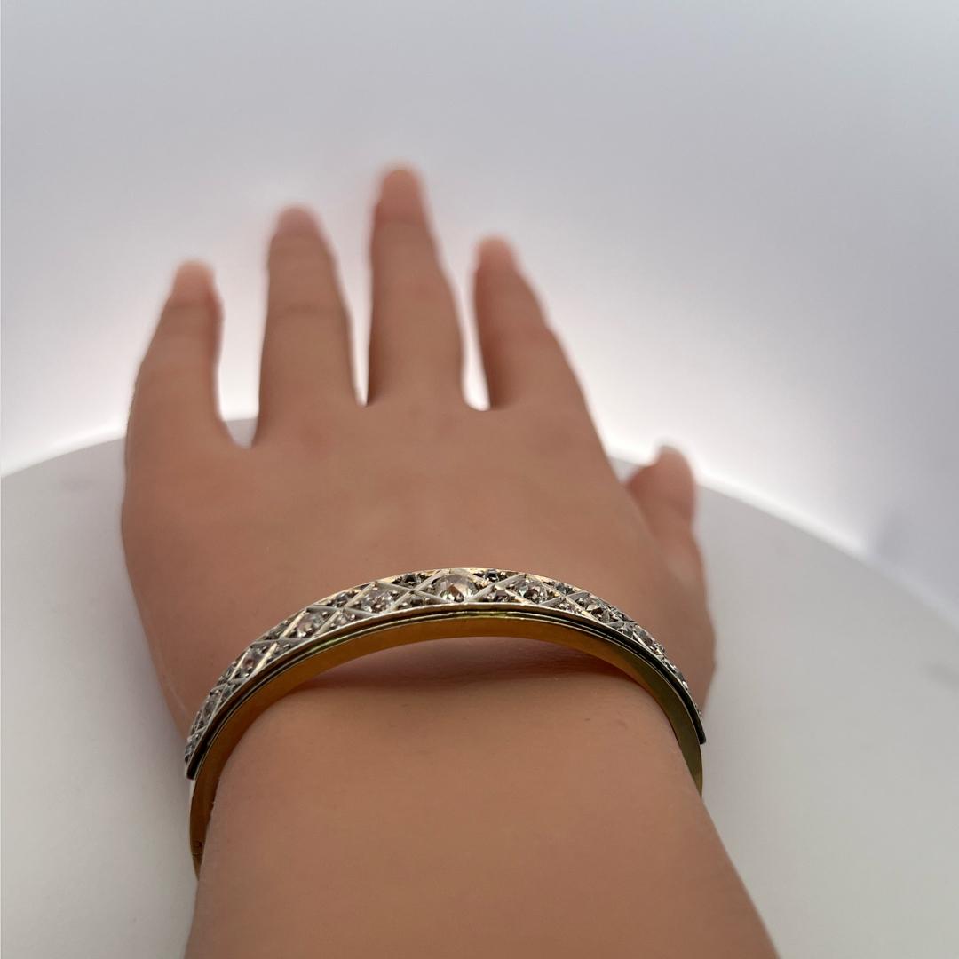 Vintage 14K Yellow Gold Bangle Bracelet with 3 Carat Old Miner Cut H-VS Diamonds