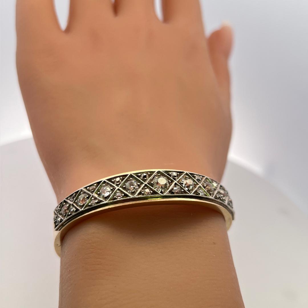 Vintage 14K Yellow Gold Bangle Bracelet with 3 Carat Old Miner Cut H-VS Diamonds