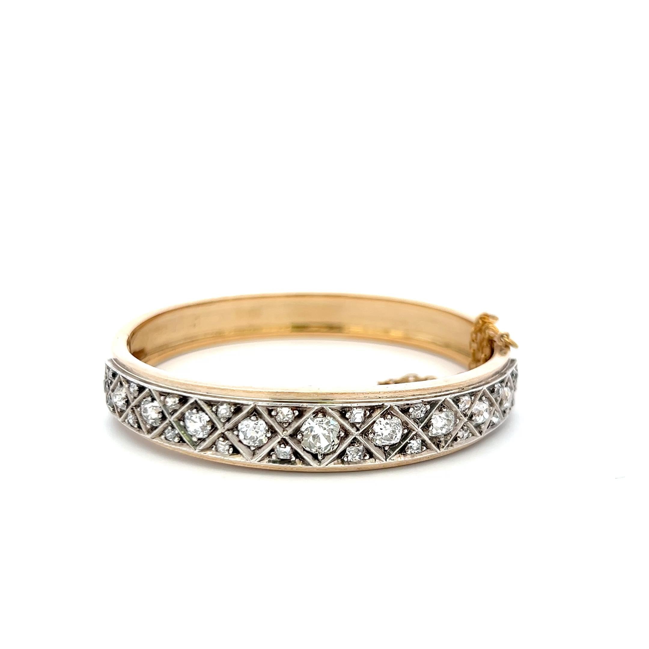 Vintage 14K Yellow Gold Bangle Bracelet with 3 Carat Old Miner Cut H-VS Diamonds