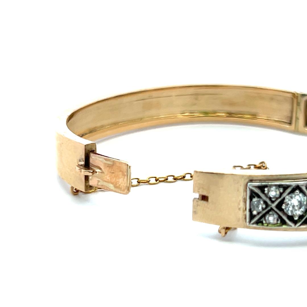 Vintage 14K Yellow Gold Bangle Bracelet with 3 Carat Old Miner Cut H-VS Diamonds