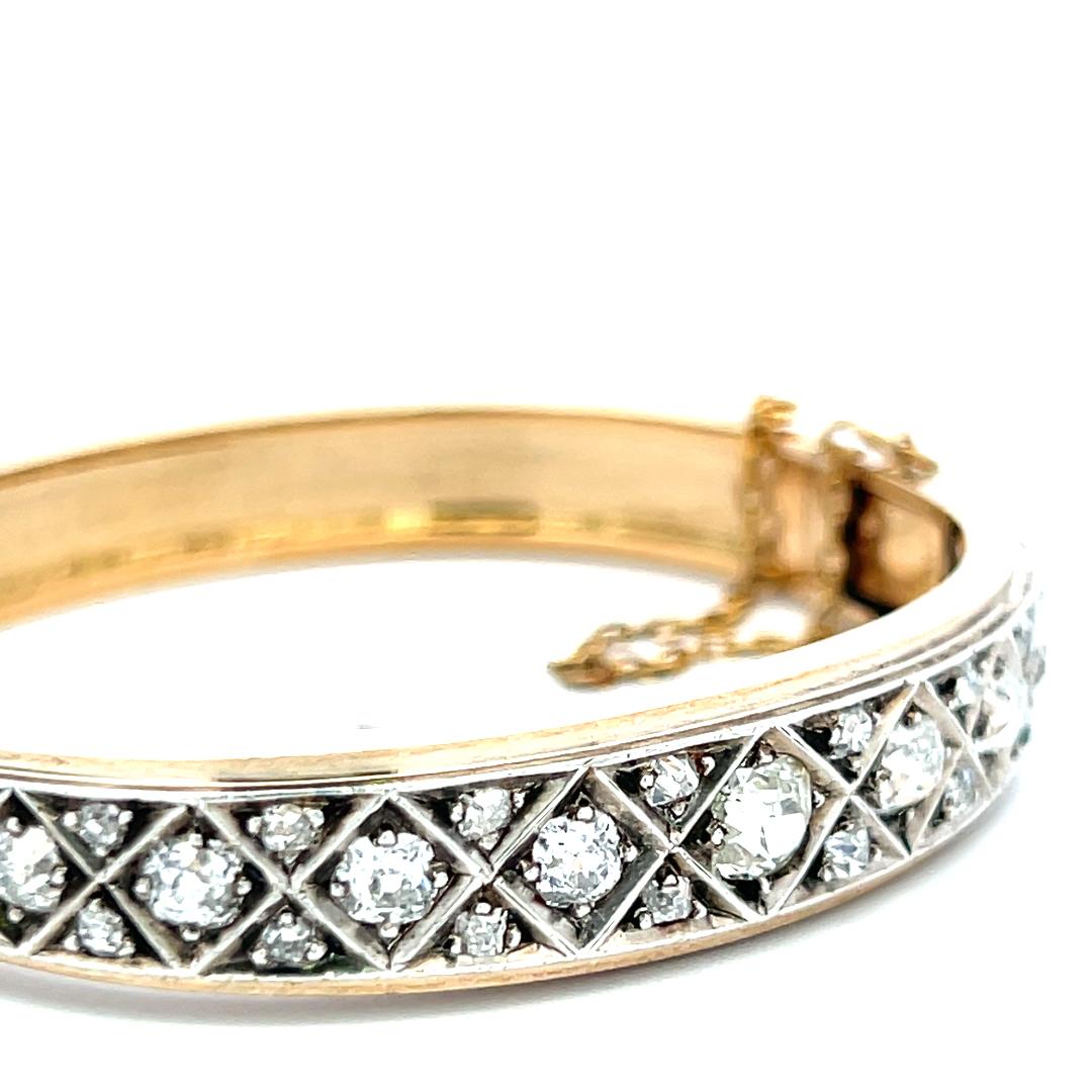 Vintage 14K Yellow Gold Bangle Bracelet with 3 Carat Old Miner Cut H-VS Diamonds