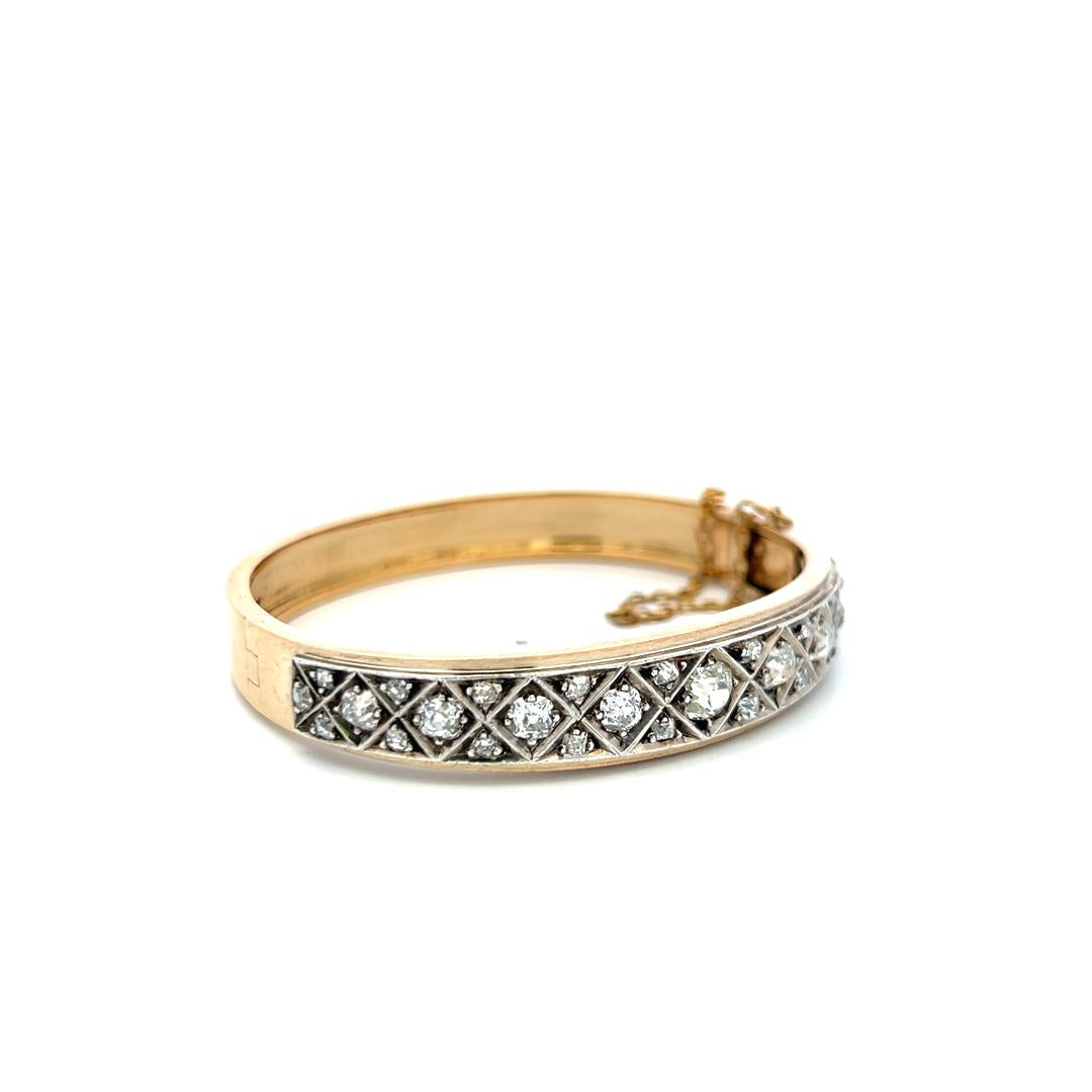 Vintage 14K Yellow Gold Bangle Bracelet with 3 Carat Old Miner Cut H-VS Diamonds