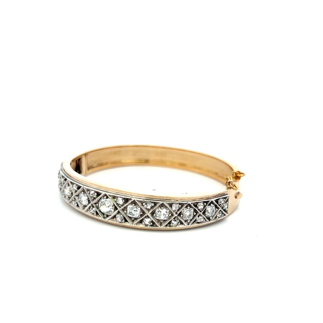 Vintage 14K Yellow Gold Bangle Bracelet with 3 Carat Old Miner Cut H-VS Diamonds