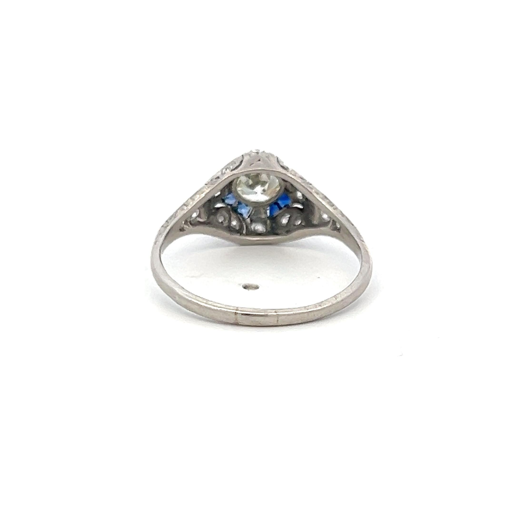 Antique Platinum Filigree Ring with 0.93 Carat Diamonds & 0.16 Carat Sapphire