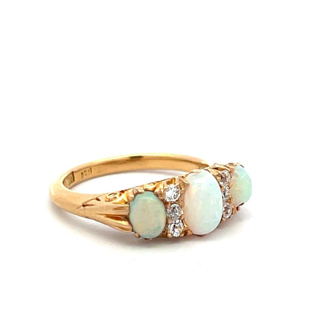 18K YG Three-Stone Ring with 0.12 Carat Diamonds & (4.9-7.5)x(3.9-4.3) MM Opal