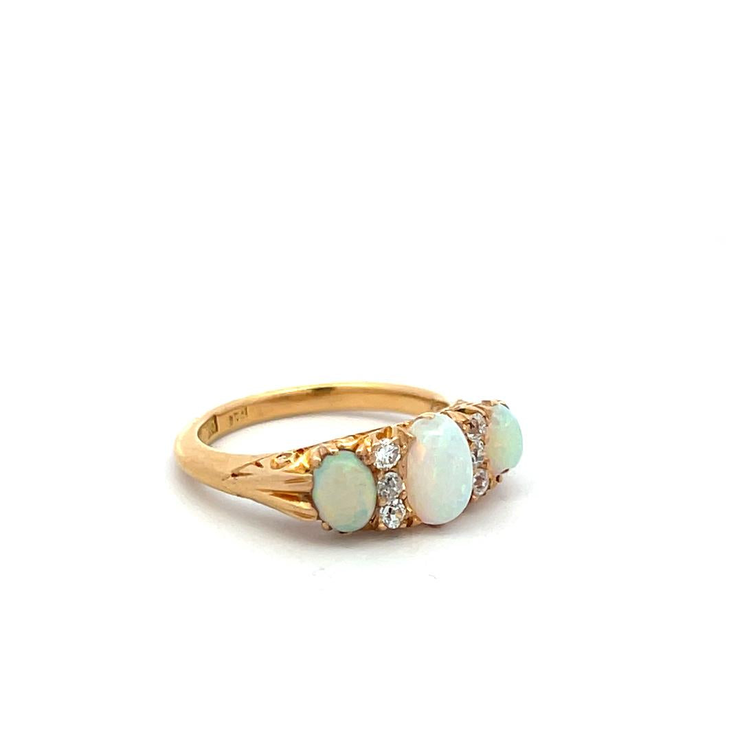 18K YG Three-Stone Ring with 0.12 Carat Diamonds & (4.9-7.5)x(3.9-4.3) MM Opal
