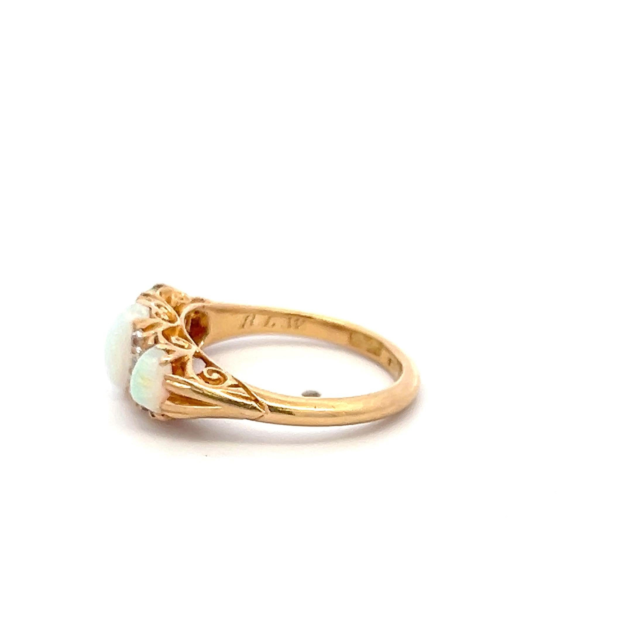 18K YG Three-Stone Ring with 0.12 Carat Diamonds & (4.9-7.5)x(3.9-4.3) MM Opal