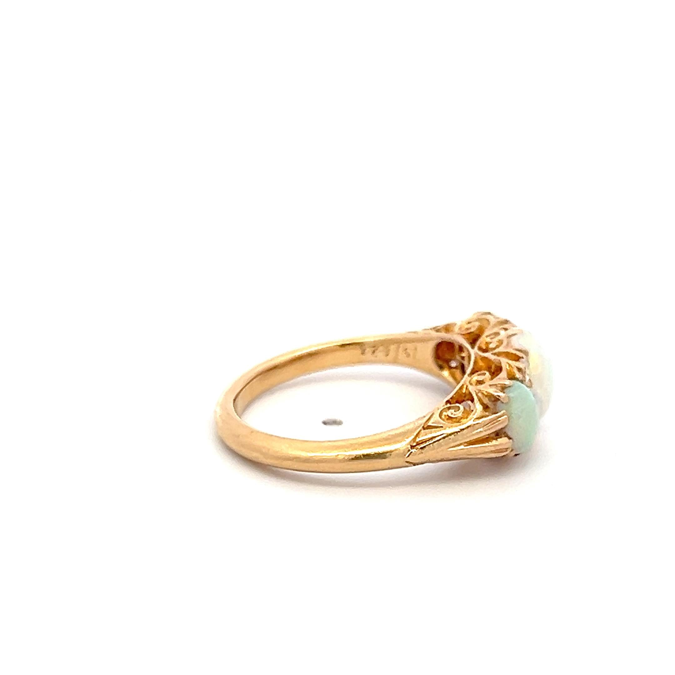 18K YG Three-Stone Ring with 0.12 Carat Diamonds & (4.9-7.5)x(3.9-4.3) MM Opal