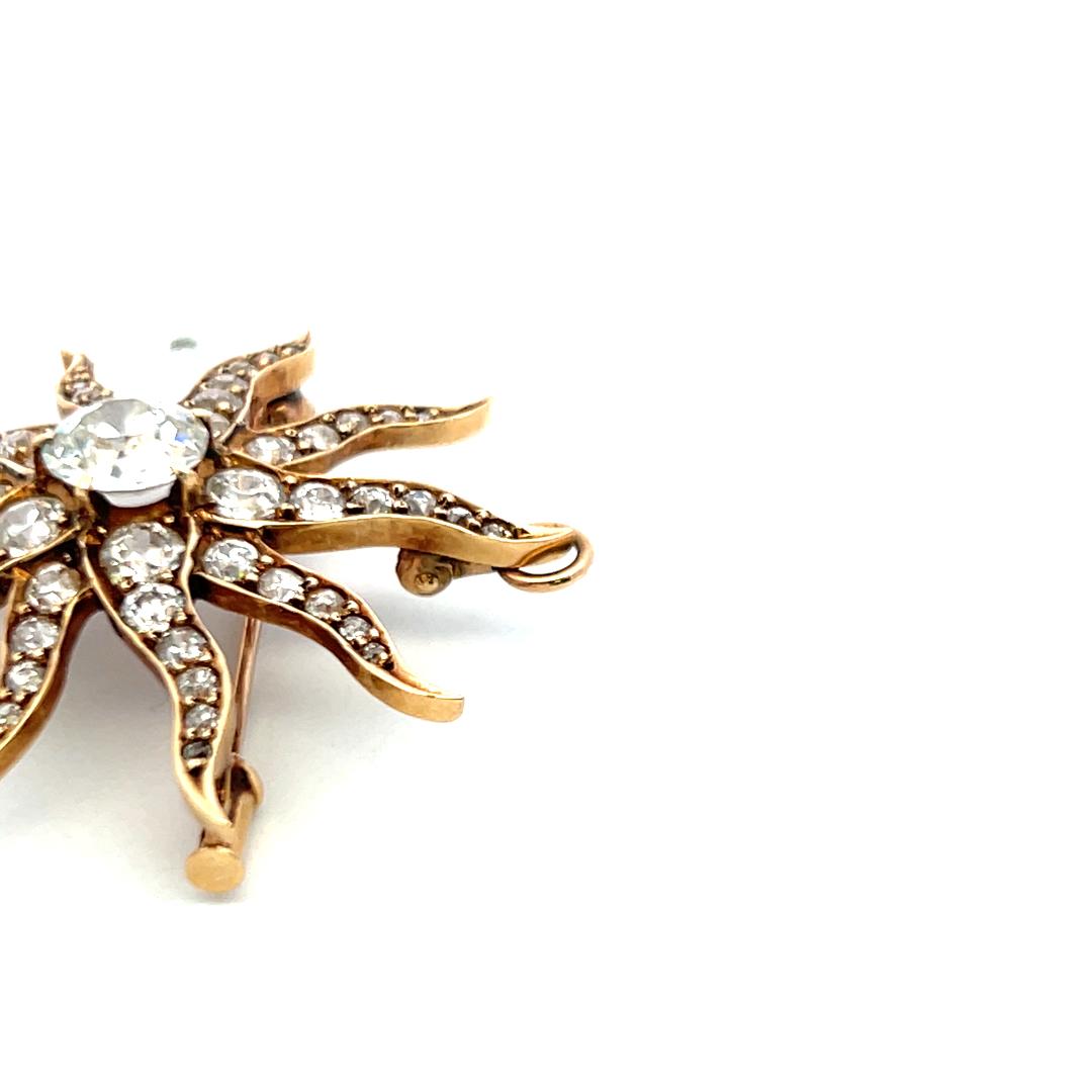 Antique 18K Yellow Gold Old European Cut 3.46 Carat I-SI Diamonds Pin Brooch