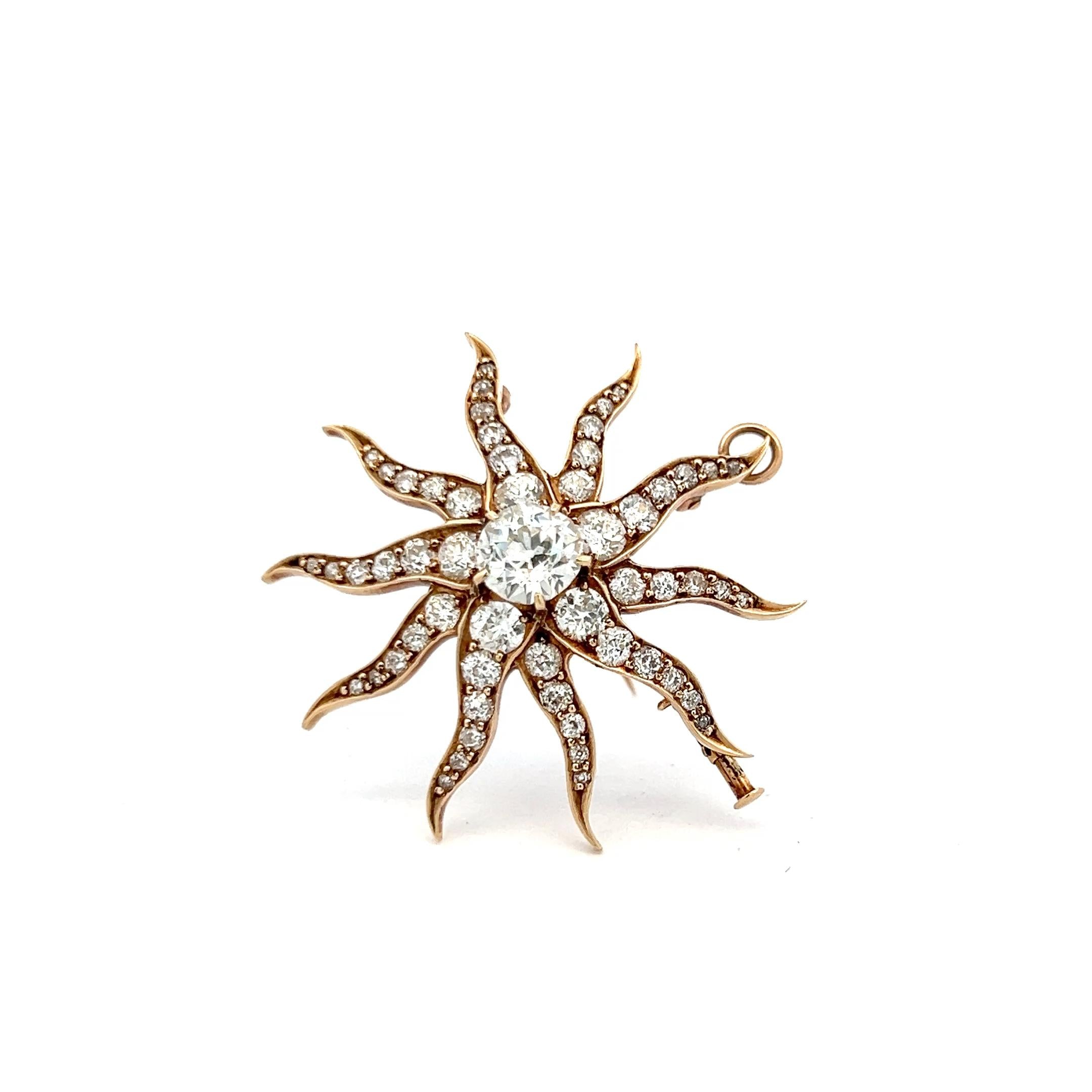 Antique 18K Yellow Gold Old European Cut 3.46 Carat I-SI Diamonds Pin Brooch