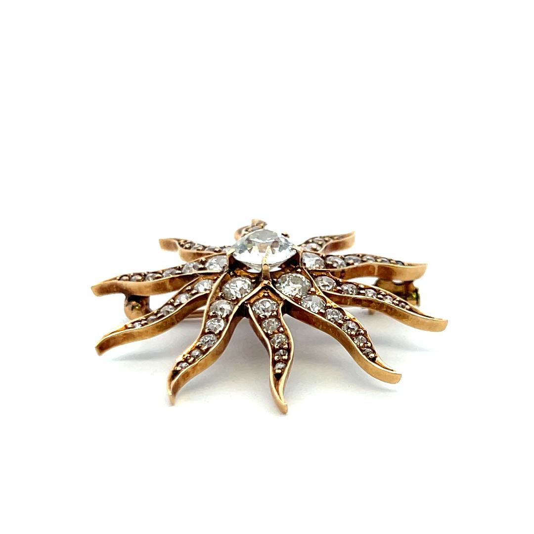 Antique 18K Yellow Gold Old European Cut 3.46 Carat I-SI Diamonds Pin Brooch