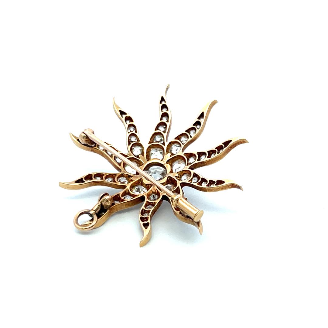 Antique 18K Yellow Gold Old European Cut 3.46 Carat I-SI Diamonds Pin Brooch