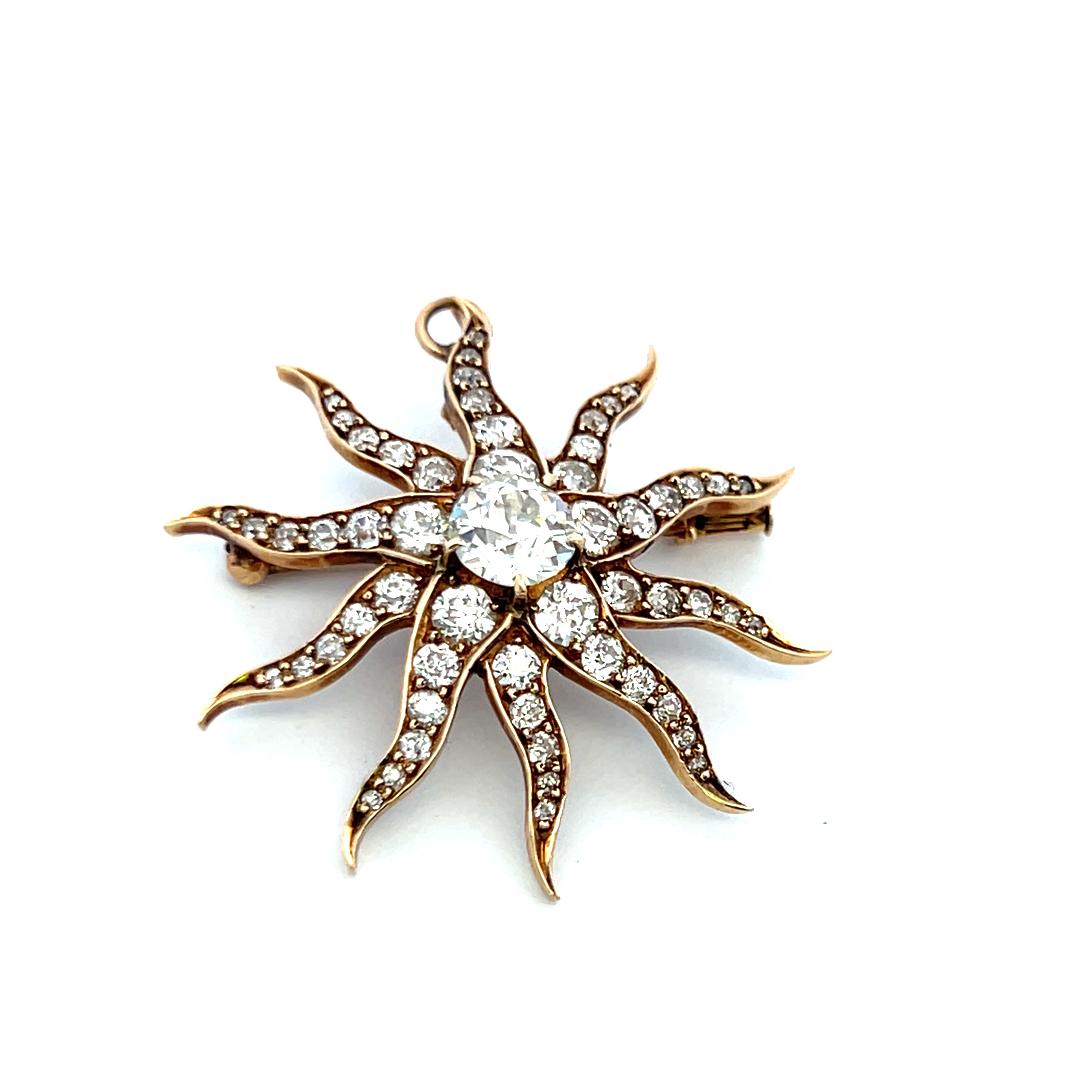 Antique 18K Yellow Gold Old European Cut 3.46 Carat I-SI Diamonds Pin Brooch