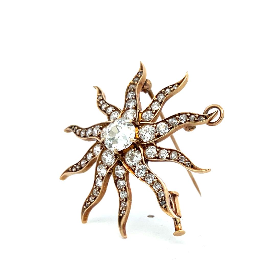 Antique 18K Yellow Gold Old European Cut 3.46 Carat I-SI Diamonds Pin Brooch