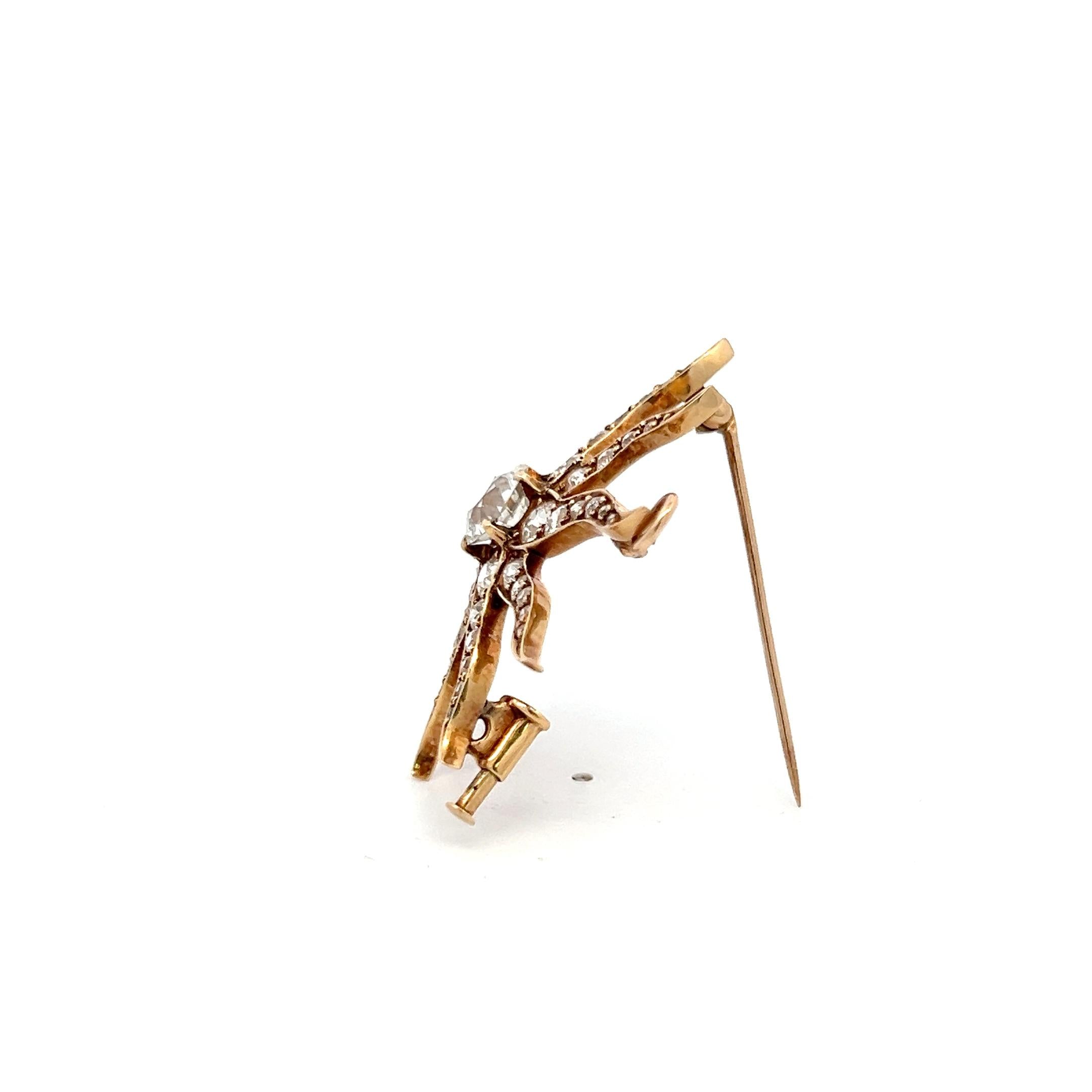 Antique 18K Yellow Gold Old European Cut 3.46 Carat I-SI Diamonds Pin Brooch