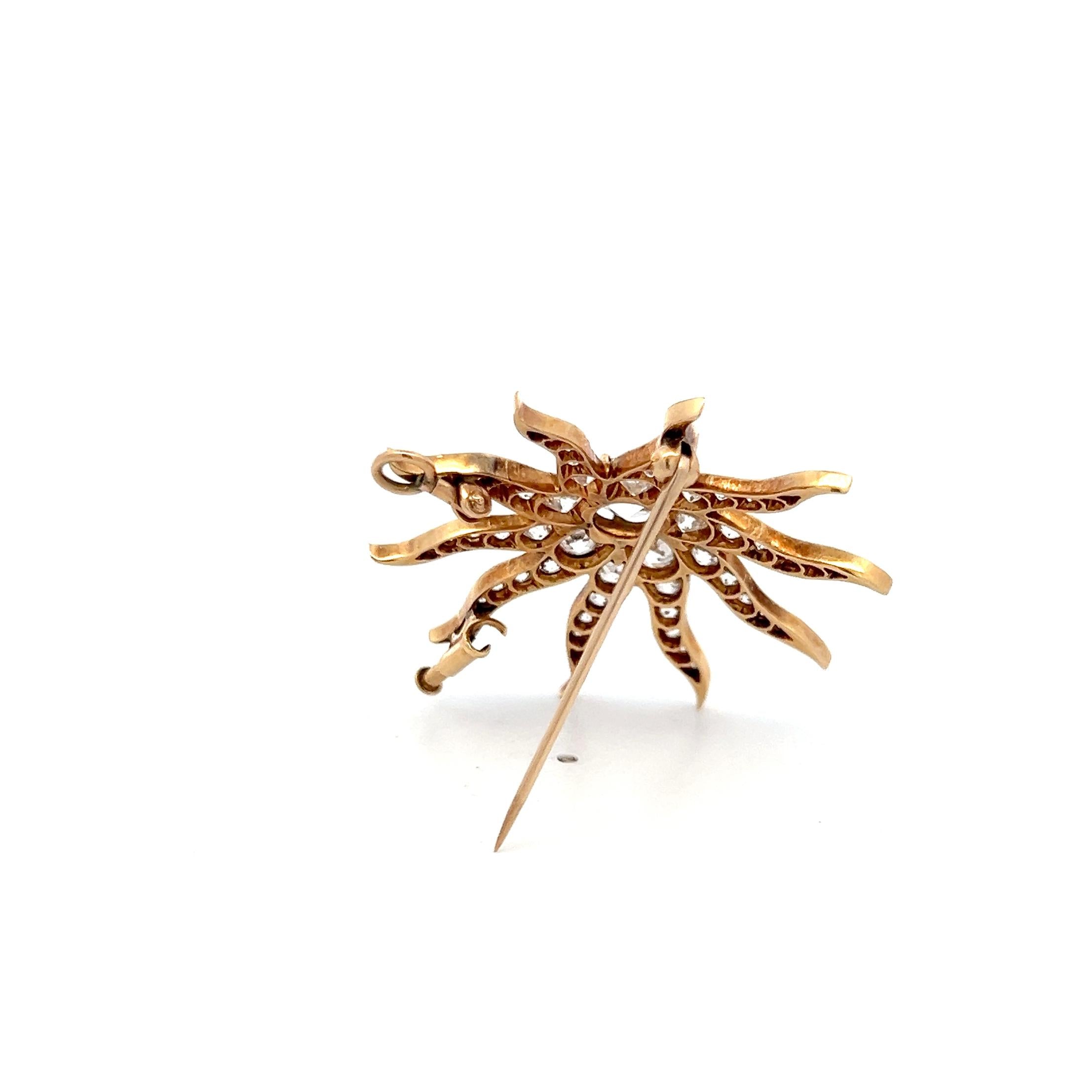 Antique 18K Yellow Gold Old European Cut 3.46 Carat I-SI Diamonds Pin Brooch