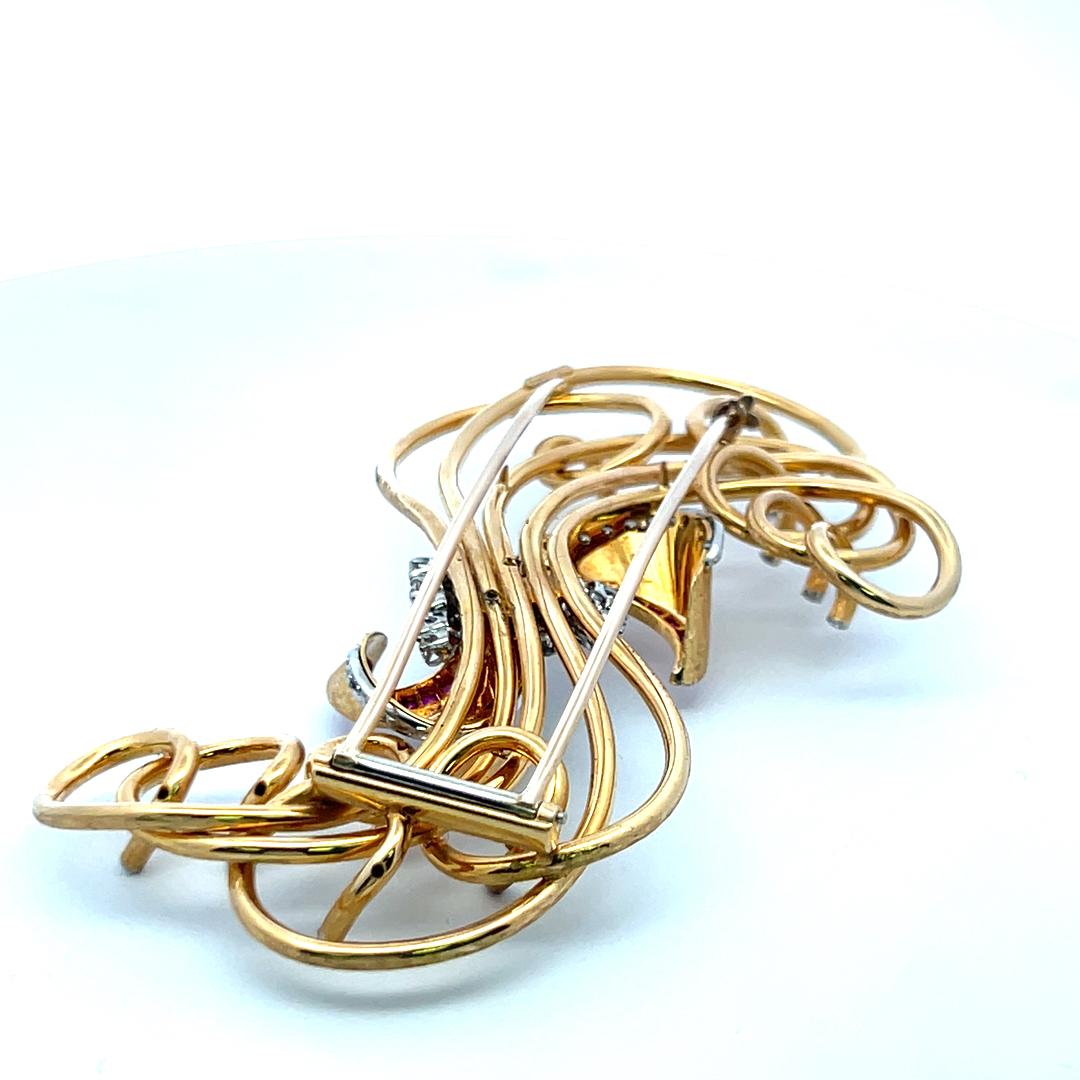 Vintage 18K Gold Pin Brooch with 2.25 Carat Diamonds & 0.6 Carat Ruby
