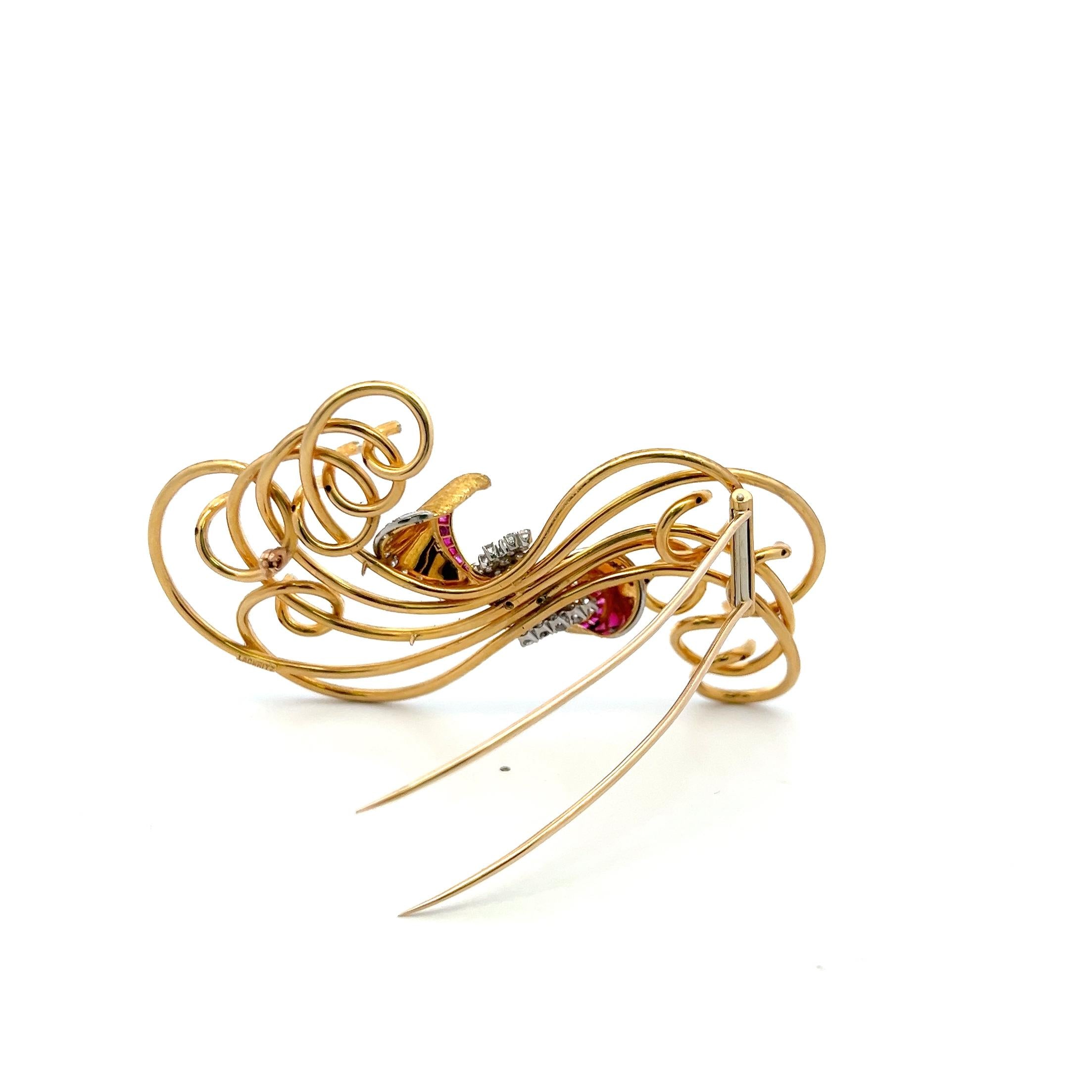 Vintage 18K Gold Pin Brooch with 2.25 Carat Diamonds & 0.6 Carat Ruby