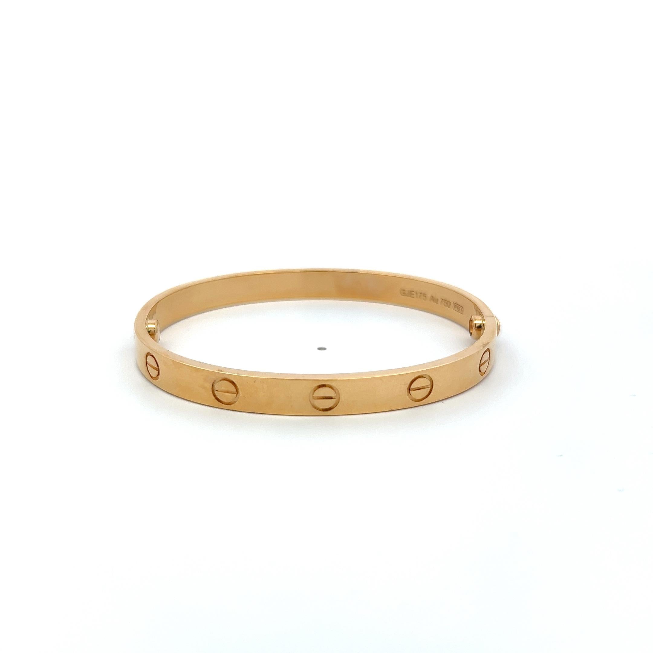 Cartier Vintage 18 Karat Yellow Gold Love Bracelet Size 17 Box and Certificate