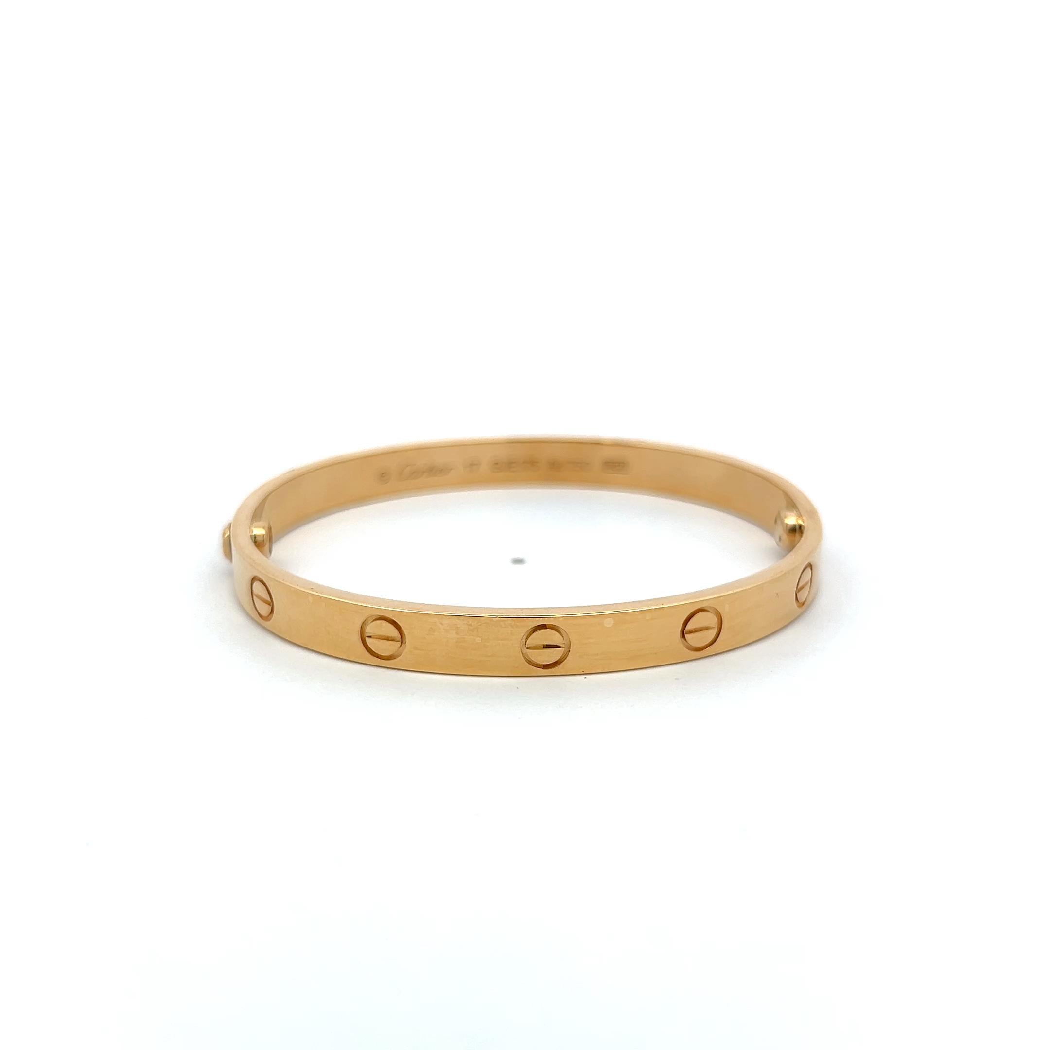 Cartier Vintage 18 Karat Yellow Gold Love Bracelet Size 17 Box and Certificate
