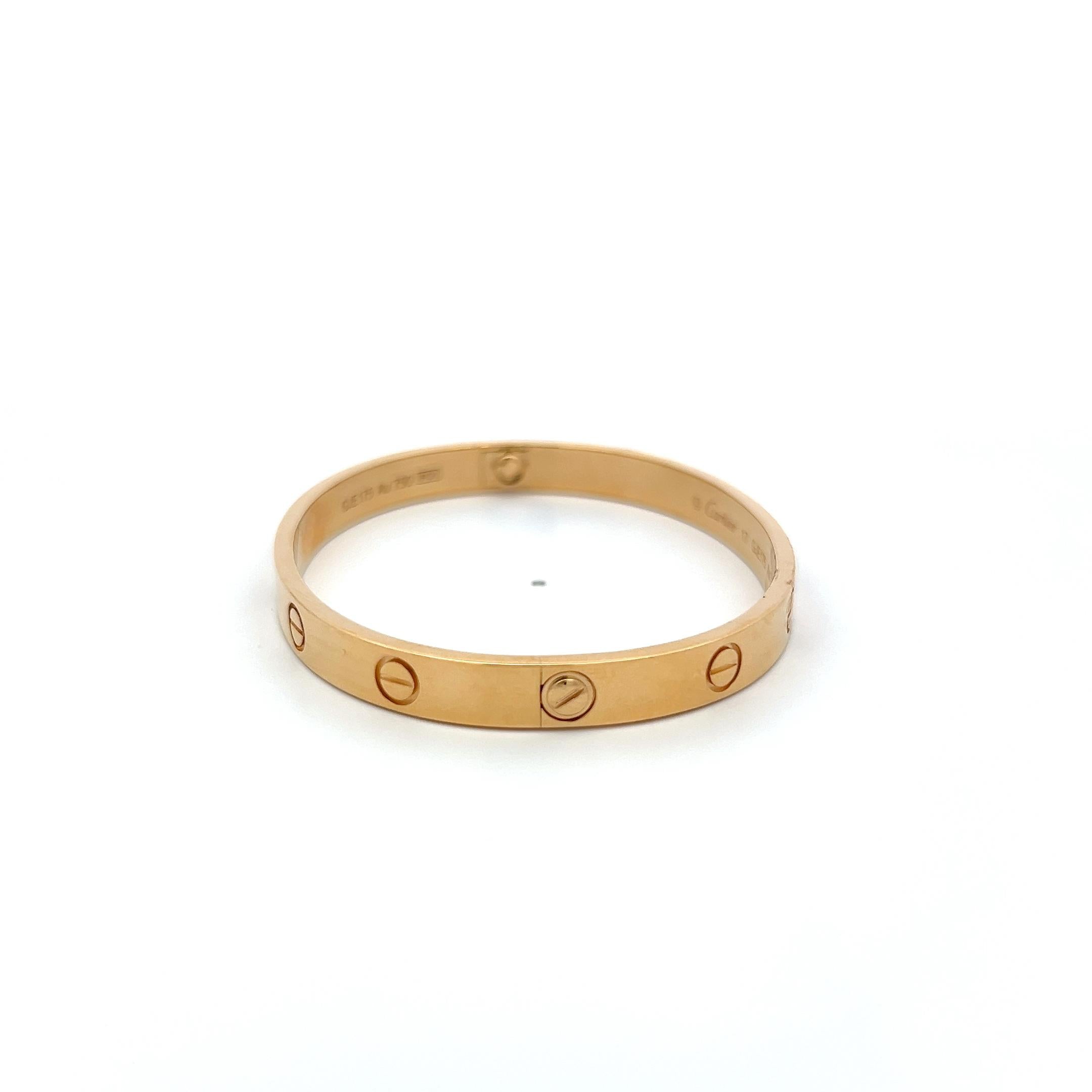 Cartier Vintage 18 Karat Yellow Gold Love Bracelet Size 17 Box and Certificate